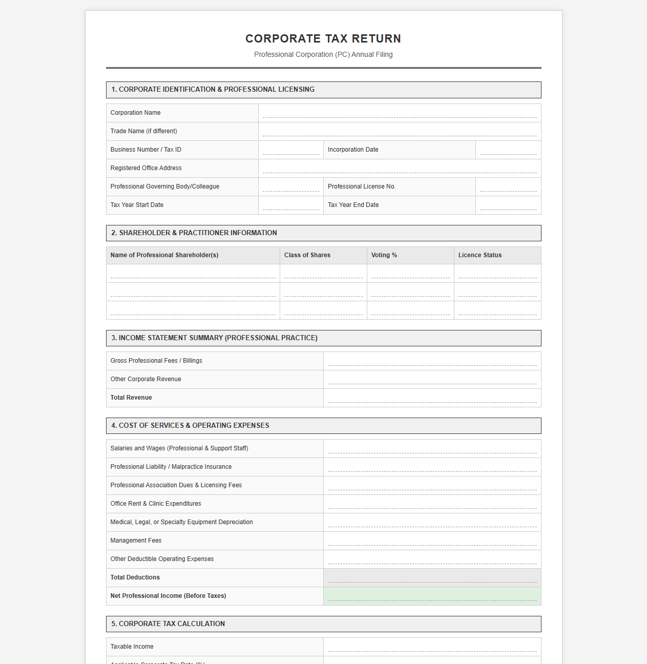 Corporate Tax Return Template for Professional Corporations