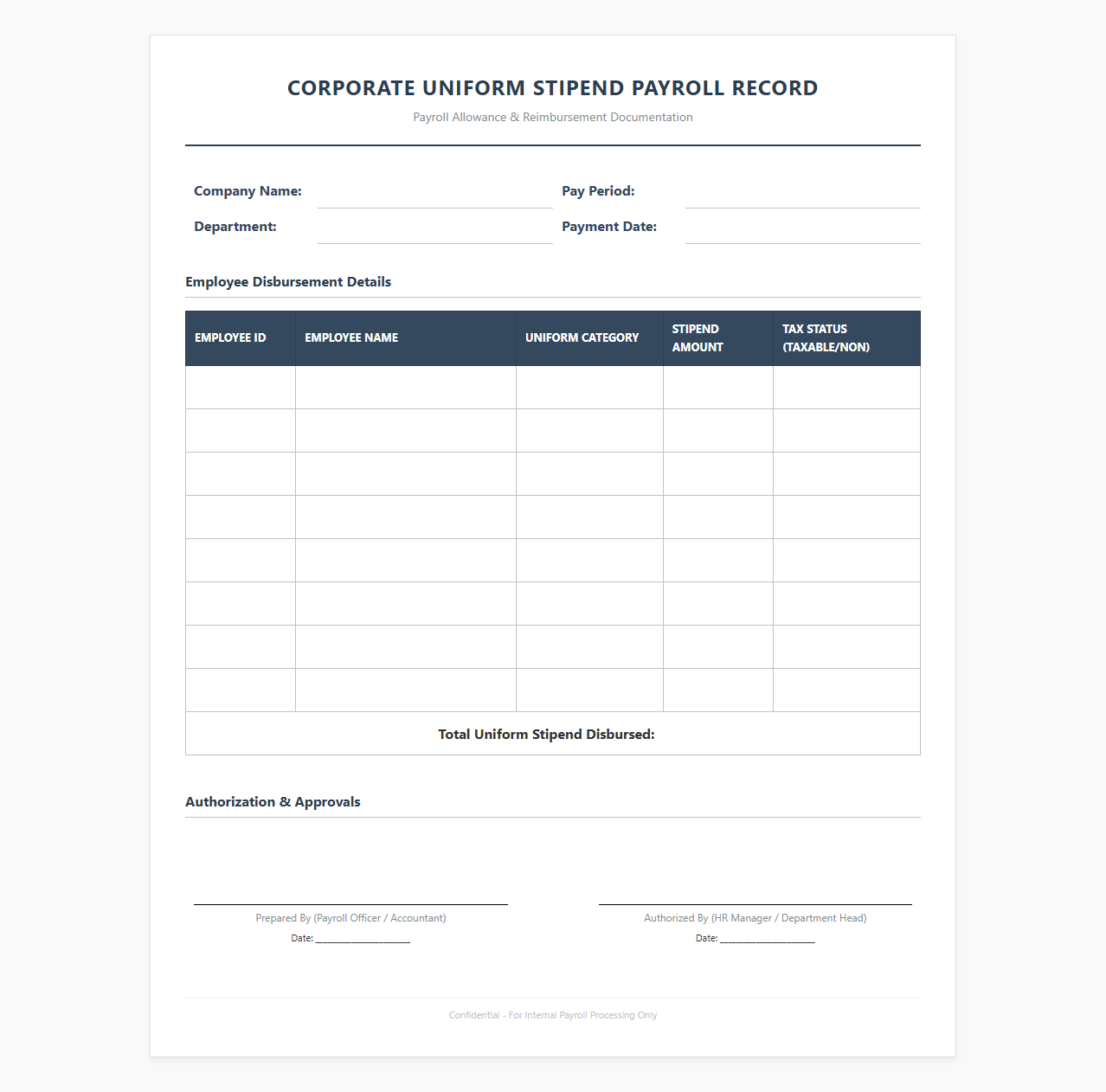 Corporate Uniform Stipend Payroll Record