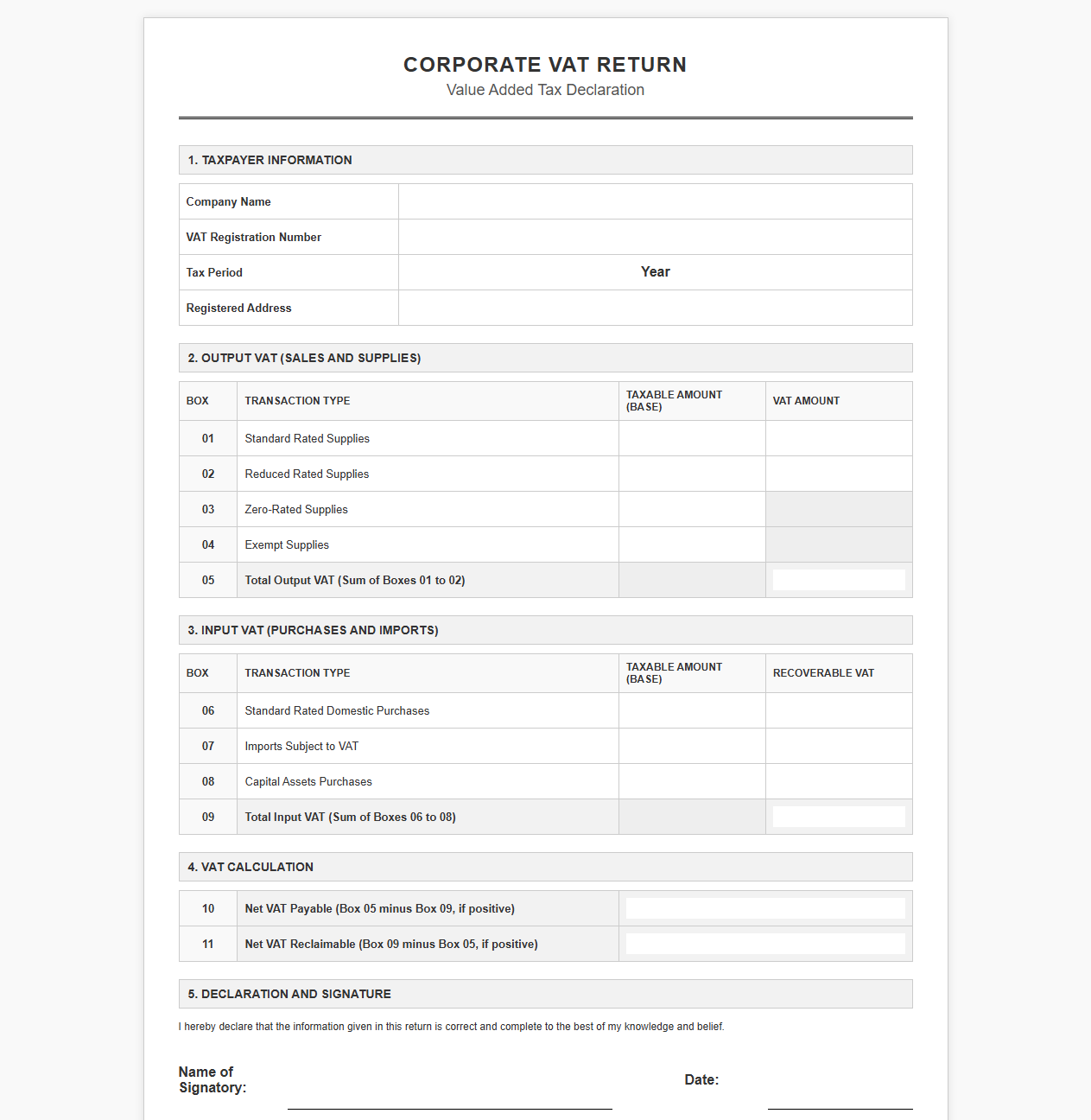 Corporate VAT Return Template