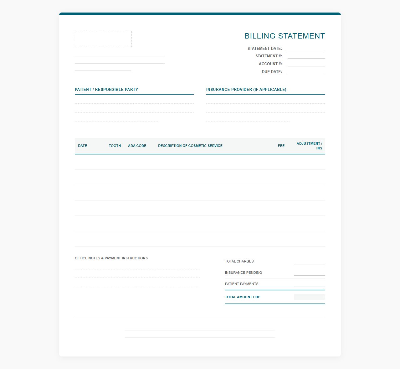 Cosmetic Dentistry Services Billing Statement