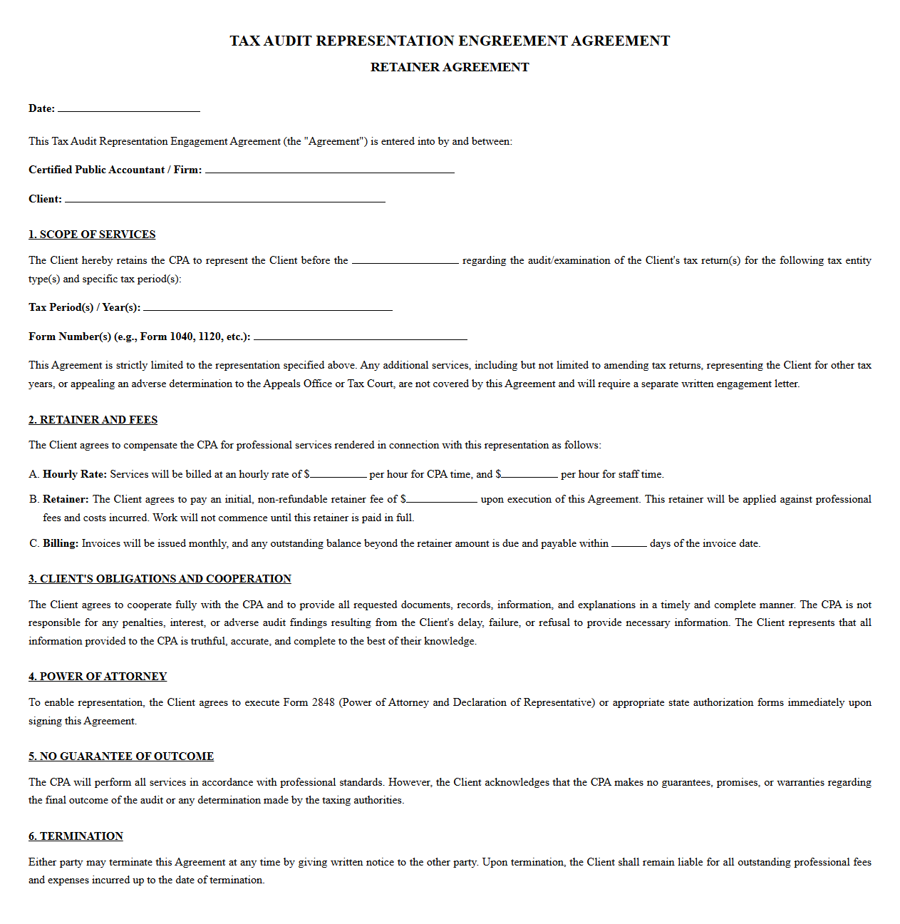 CPA Tax Audit Representation Engagement Agreement