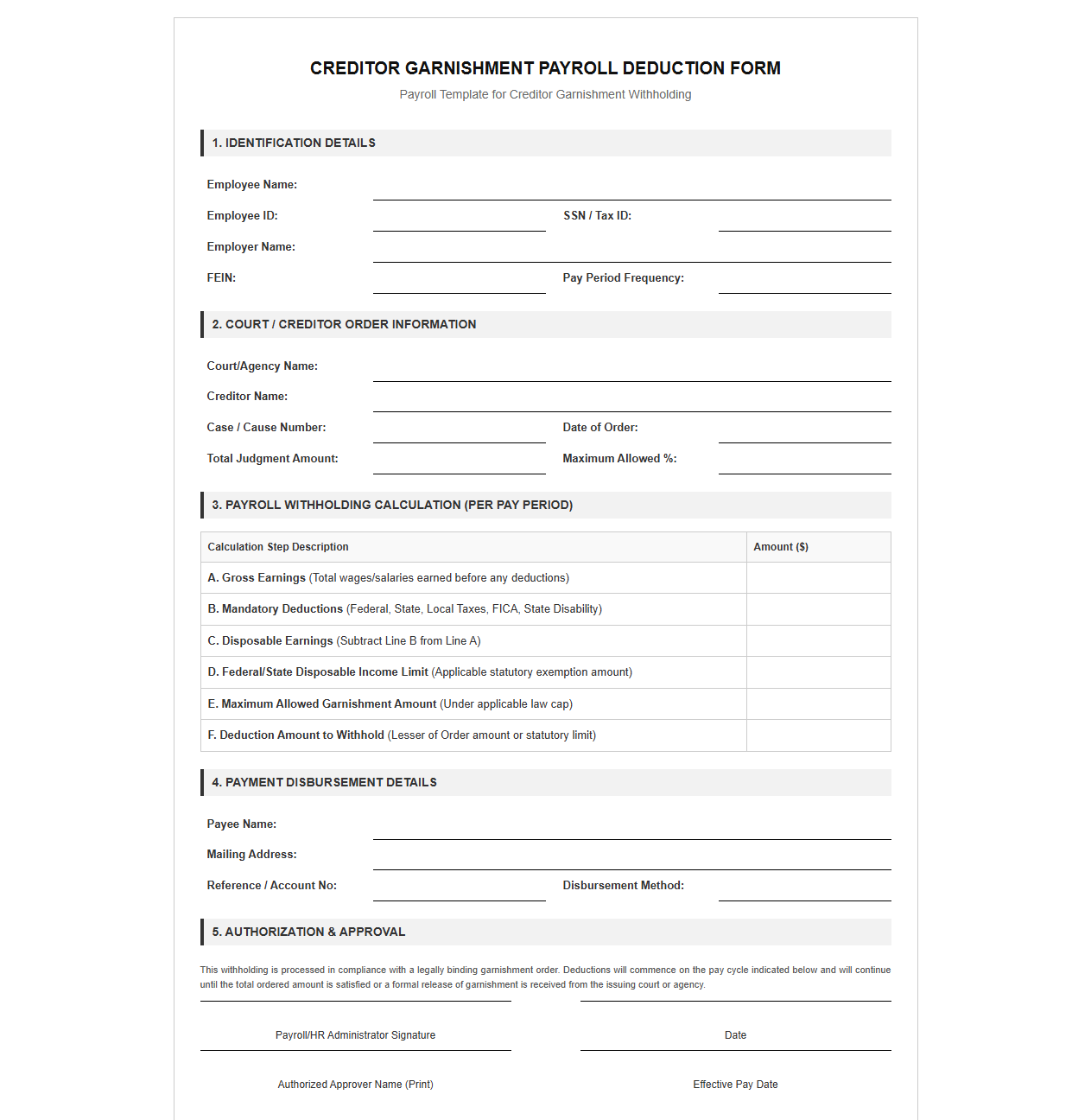 Creditor Garnishment Payroll Deduction Form