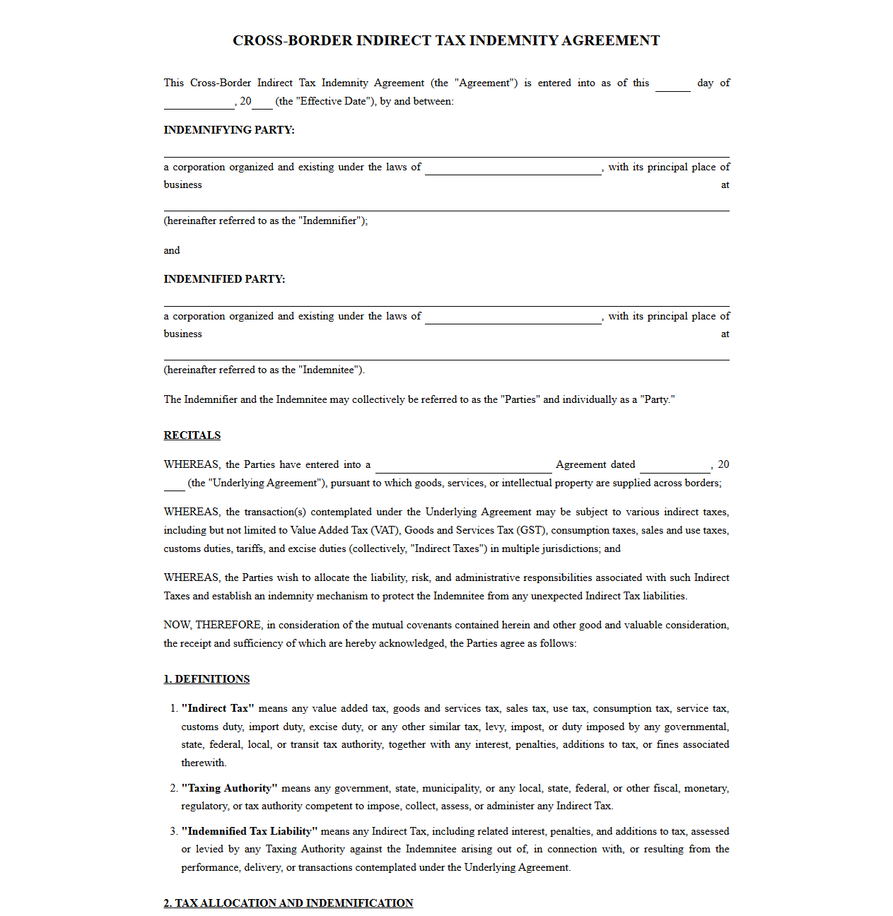 Cross-Border Indirect Tax Indemnity Agreement