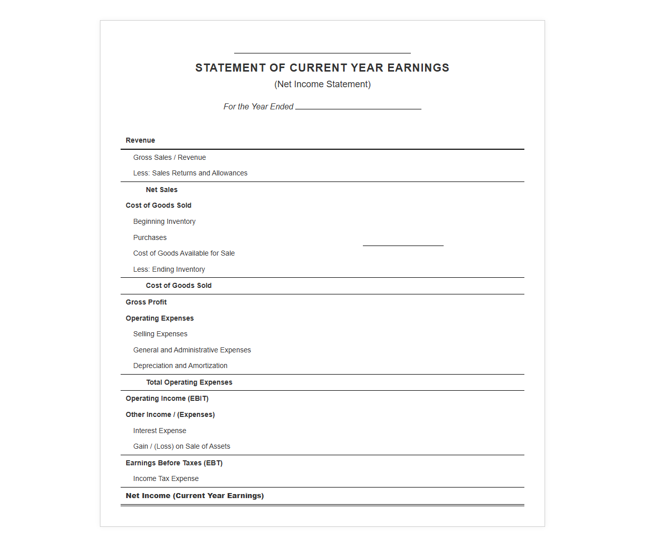 Current Year Net Income Statement Template