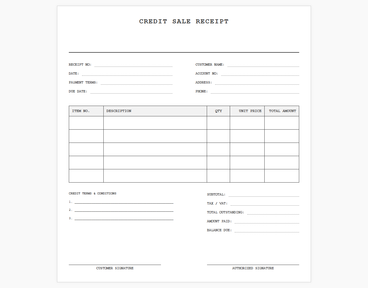 Customer Credit Sale Receipt Document