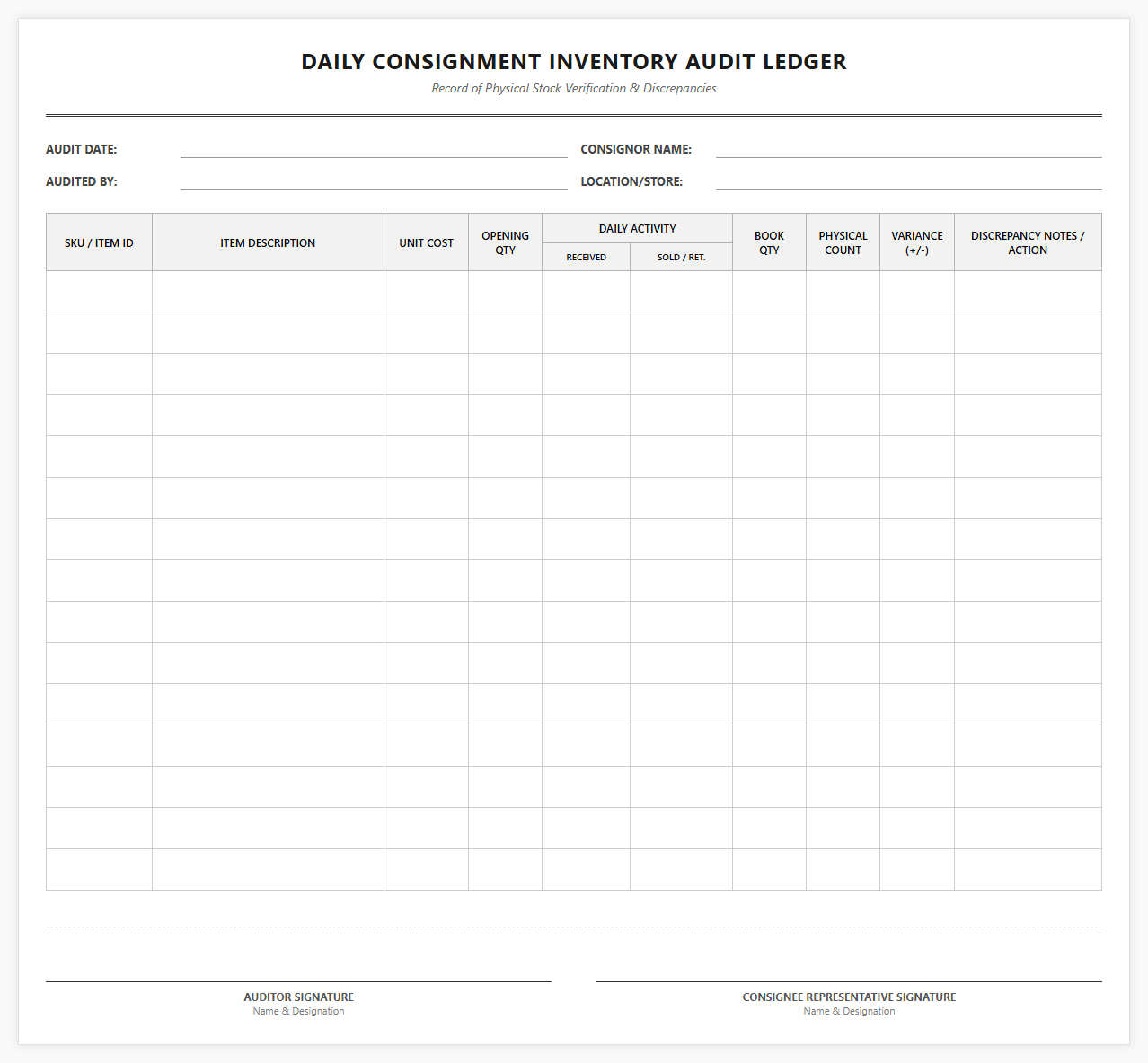Daily Consignment Inventory Audit Ledger