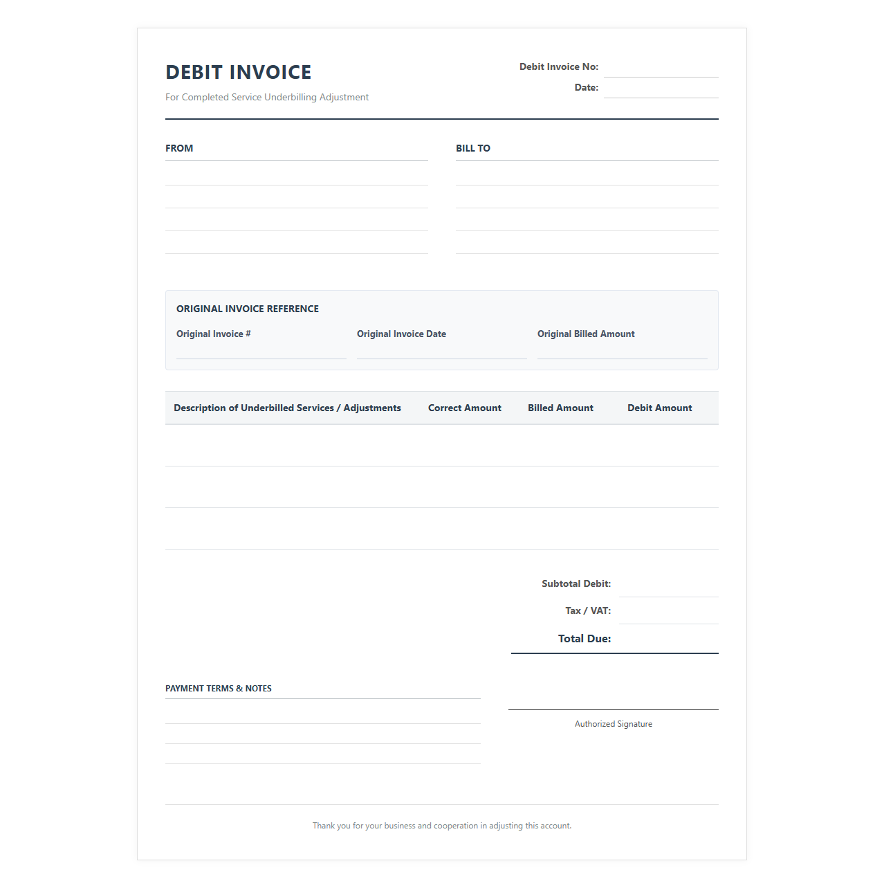 Debit Invoice for Completed Service Underbilling