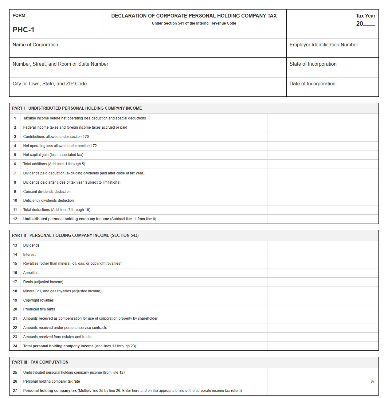 Declaration of Corporate Personal Holding Company Tax