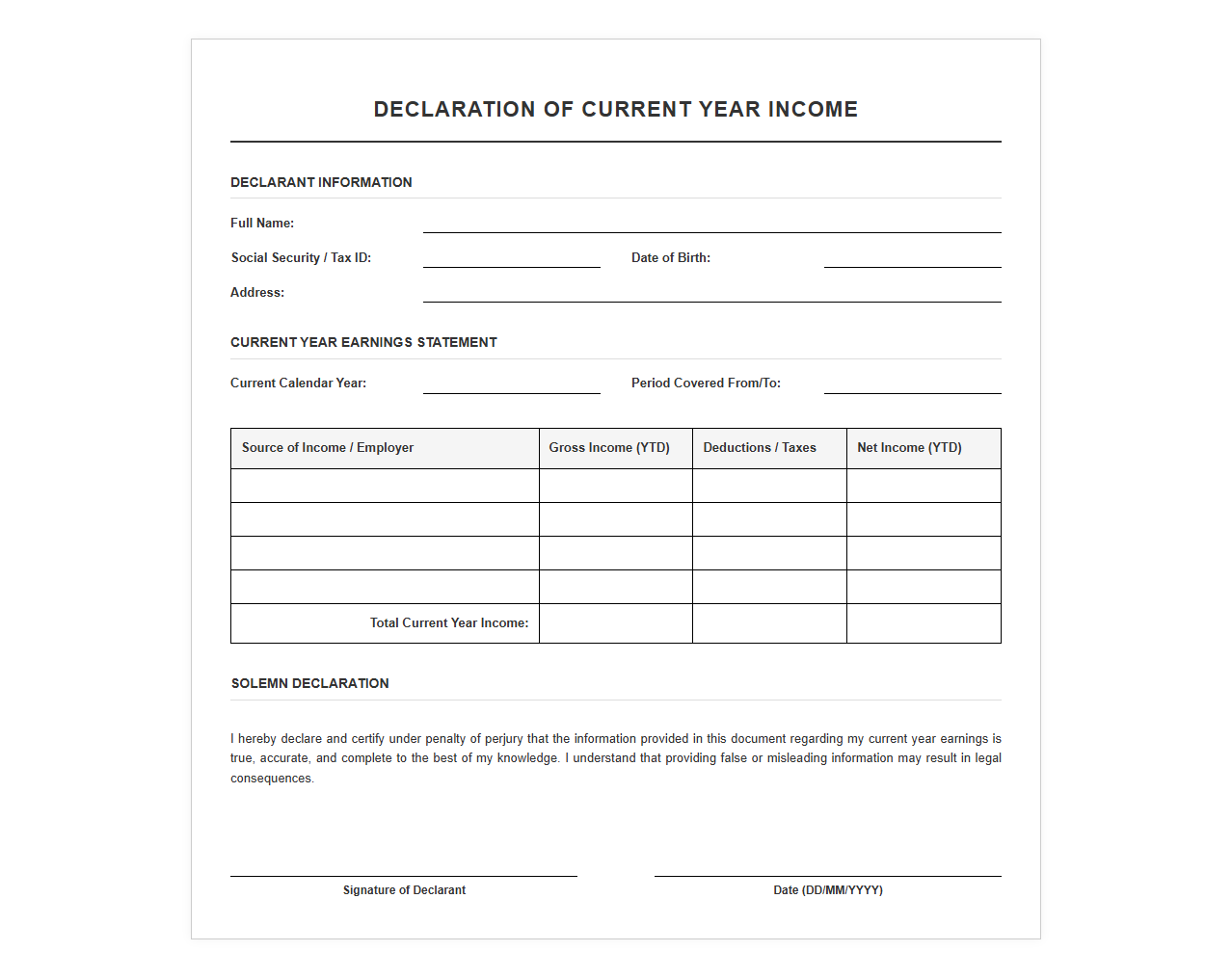 Declaration of Current Year Income Template