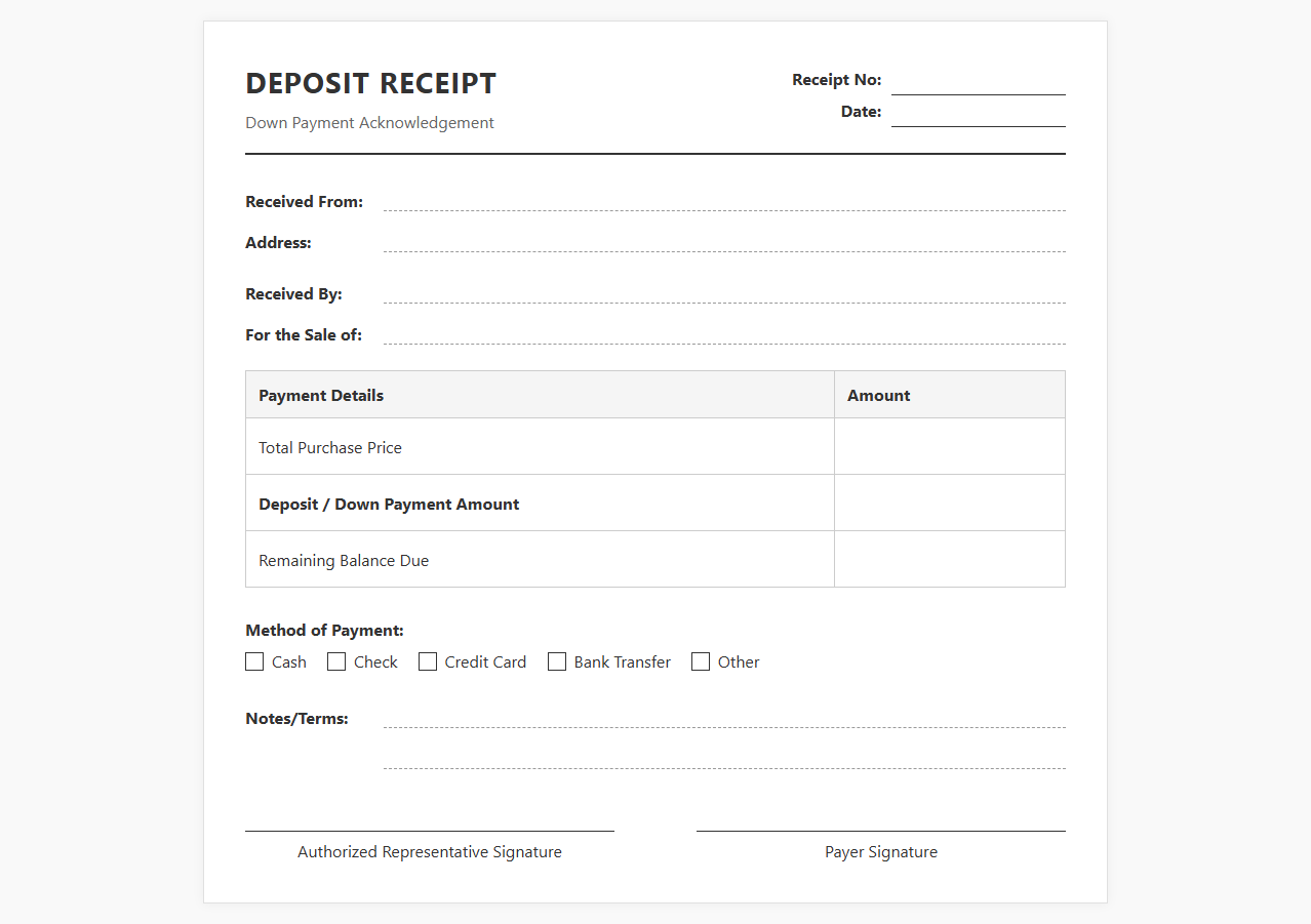 Deposit Receipt Template