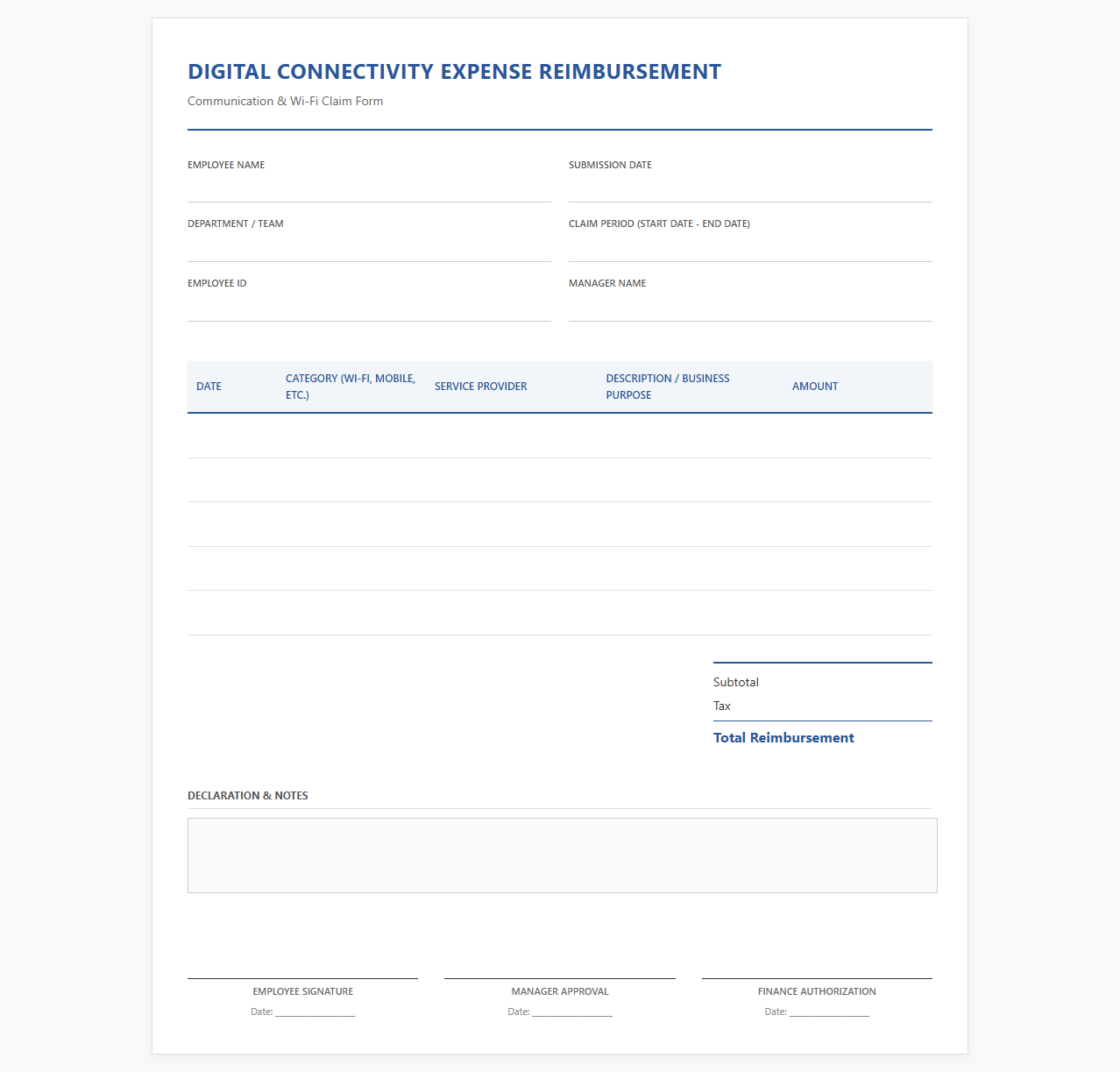Digital Connectivity Expense Reimbursement Template