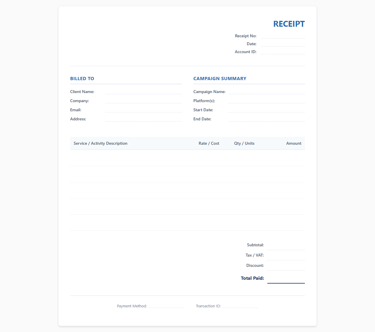 Digital Marketing and Advertising Campaign Receipt