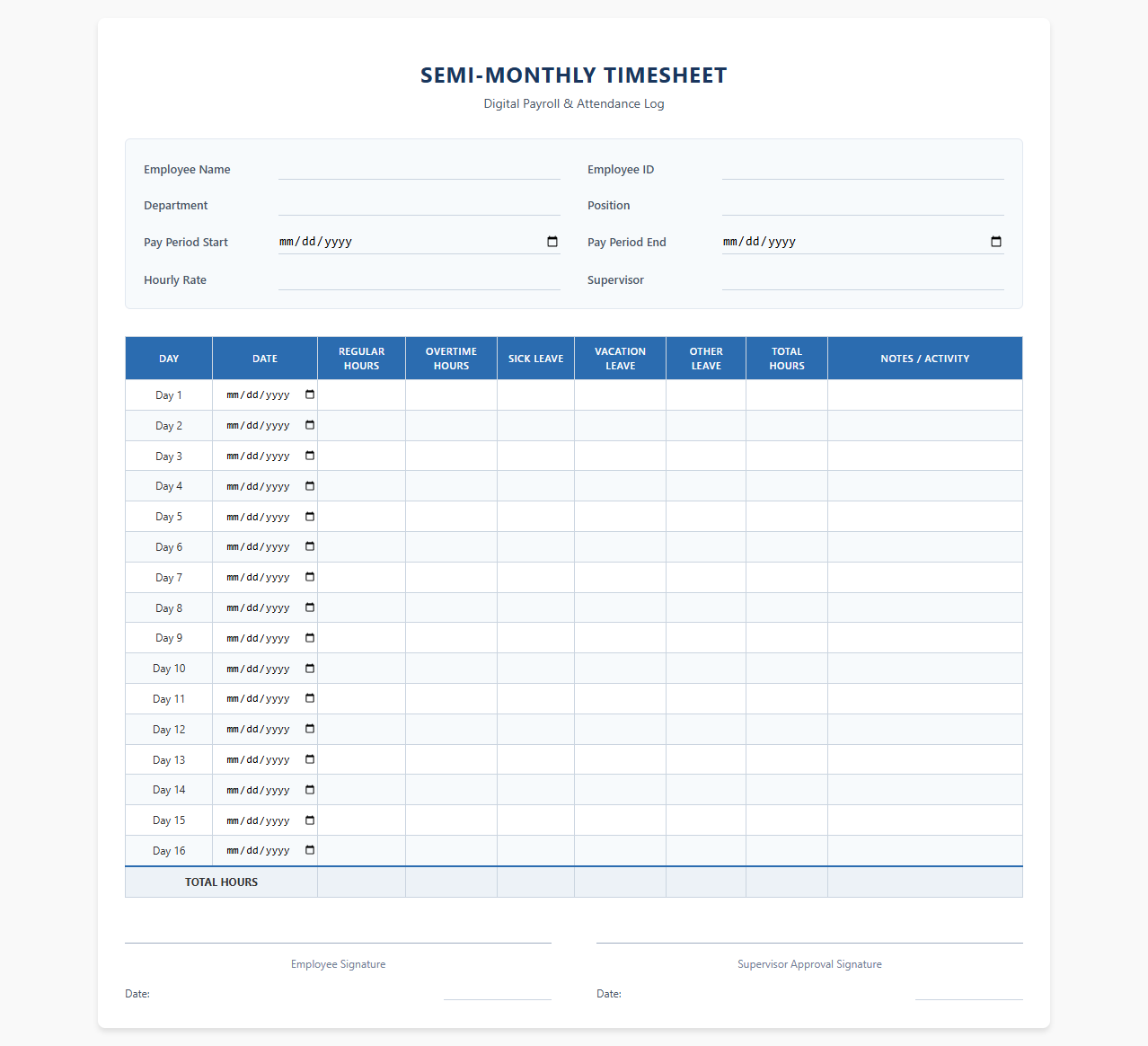 Digital Semi-Monthly Payroll Timesheet and Attendance Log