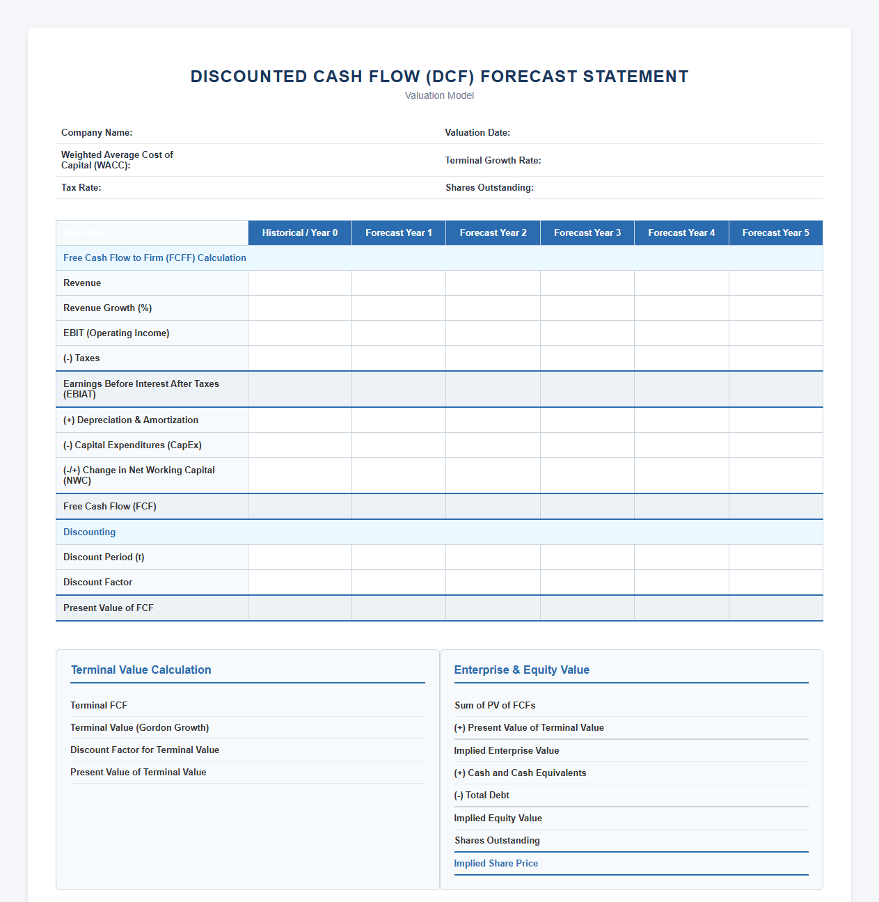 Discounted Cash Flow Forecast Statement Template