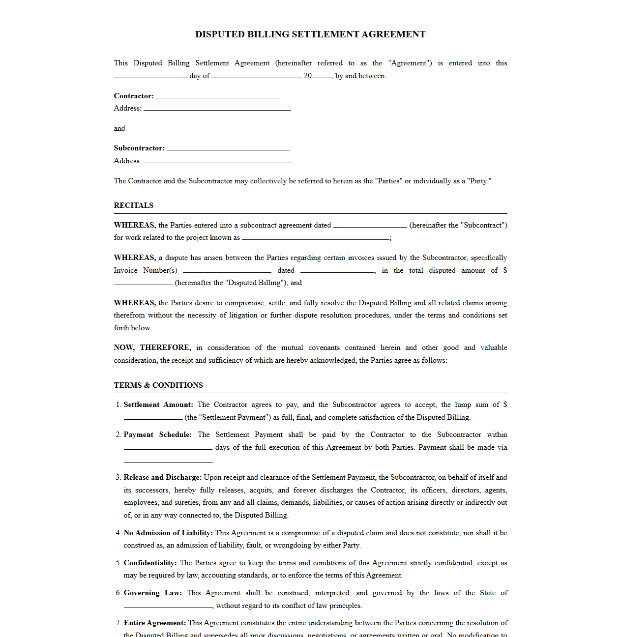 Disputed Billing Settlement Agreement for Subcontractors