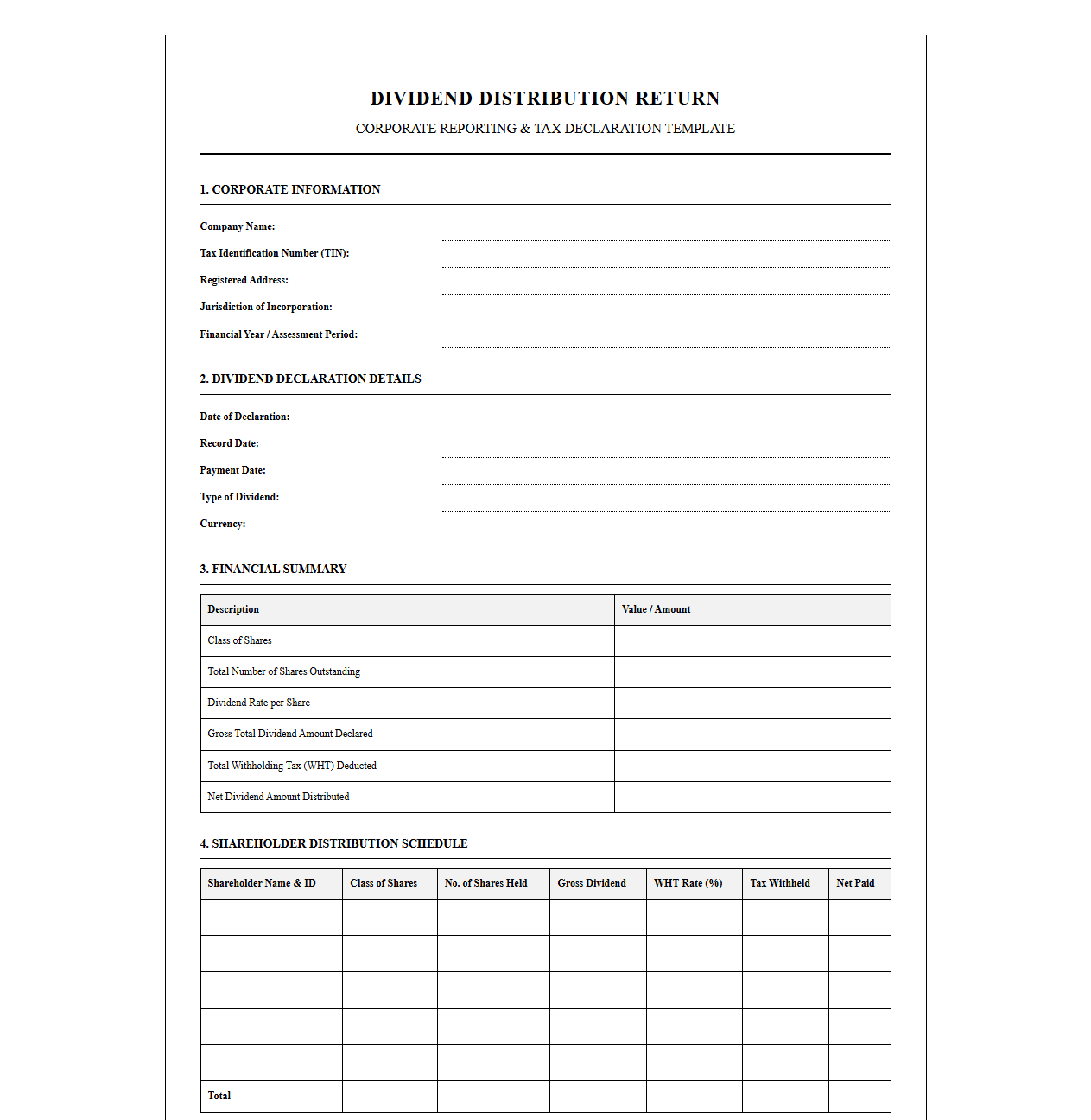 Dividend Distribution Reporting and Return Template