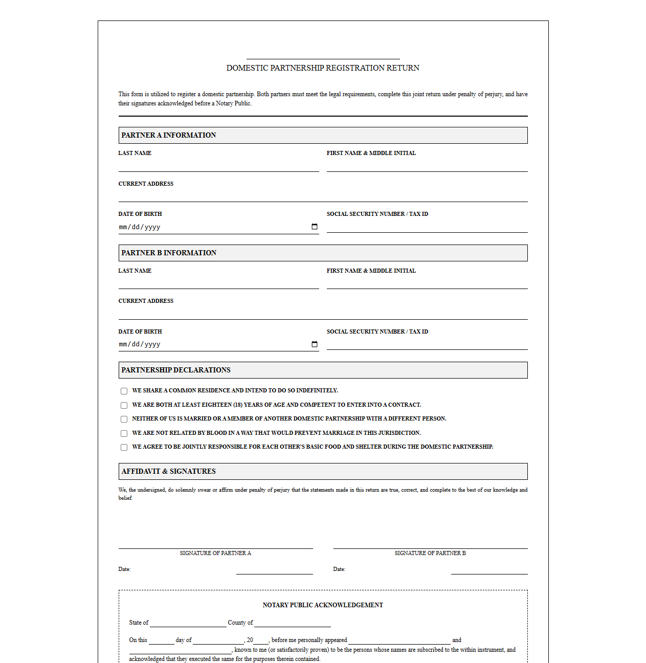 Domestic Partnership Registration Return Template
