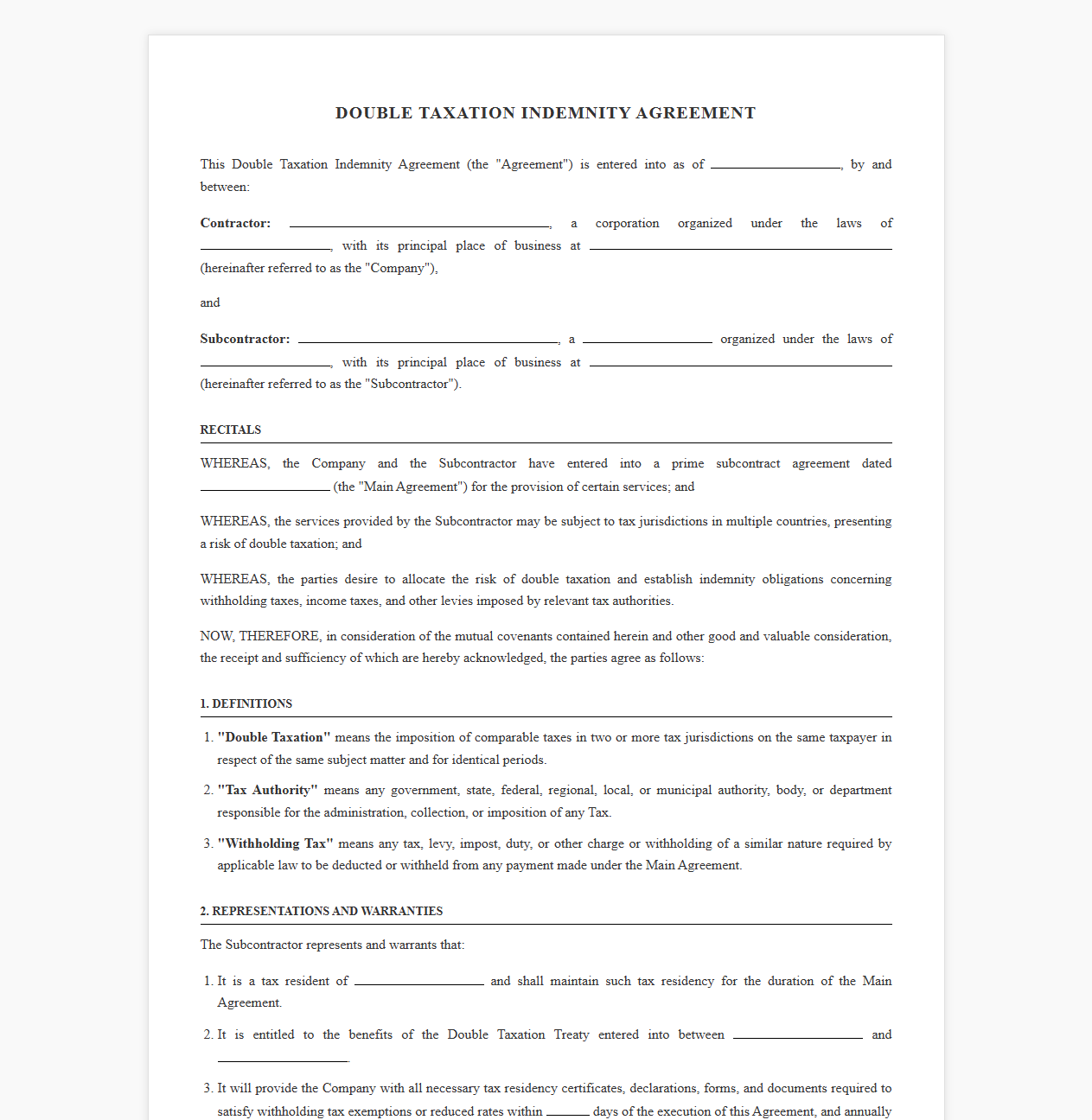 Double Taxation Protection Agreement for Subcontractors