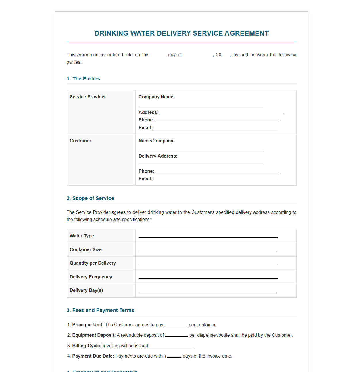 Drinking Water Delivery Service Agreement Template