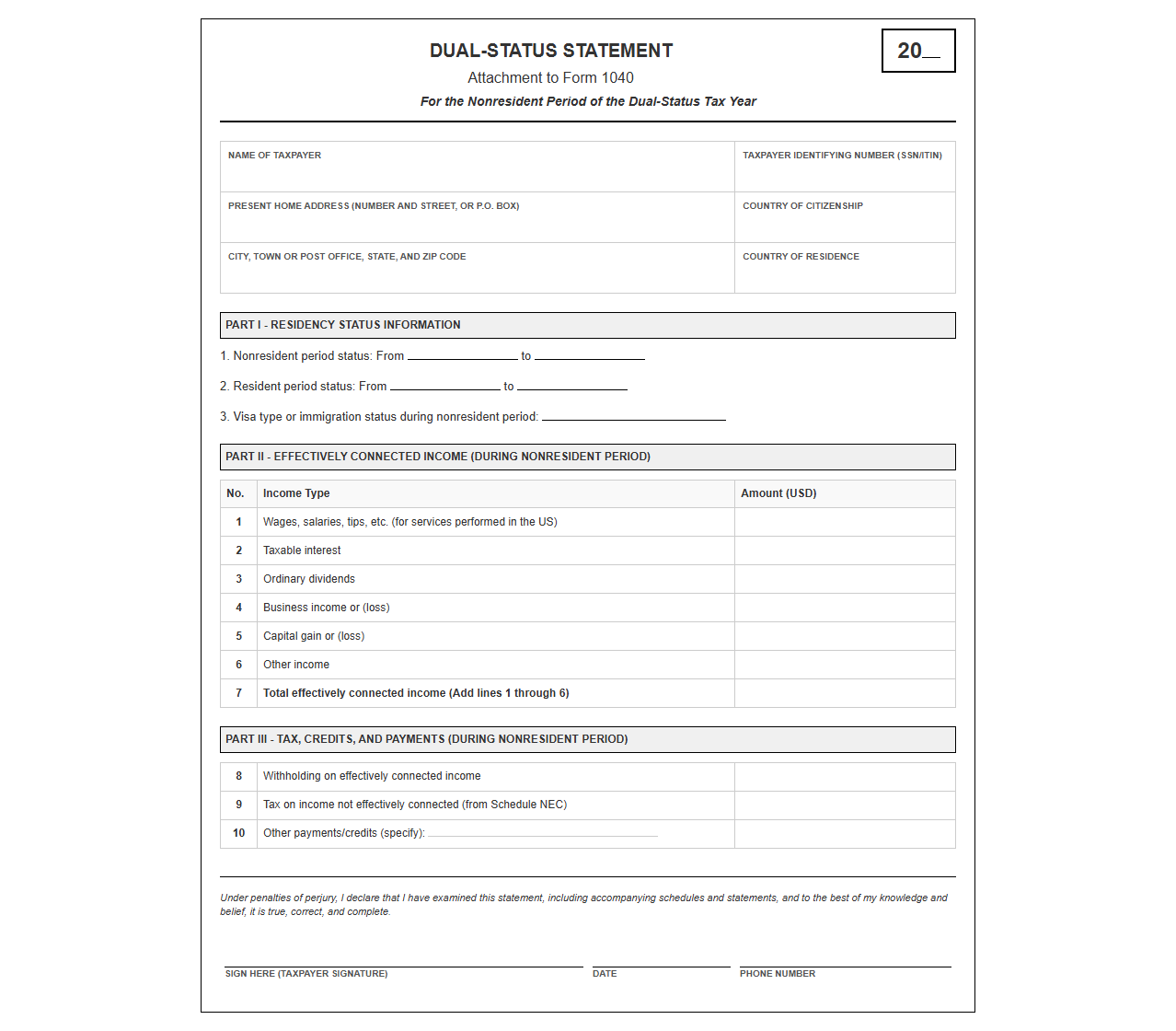 Dual-Status Alien Form 1040NR Attachment Template