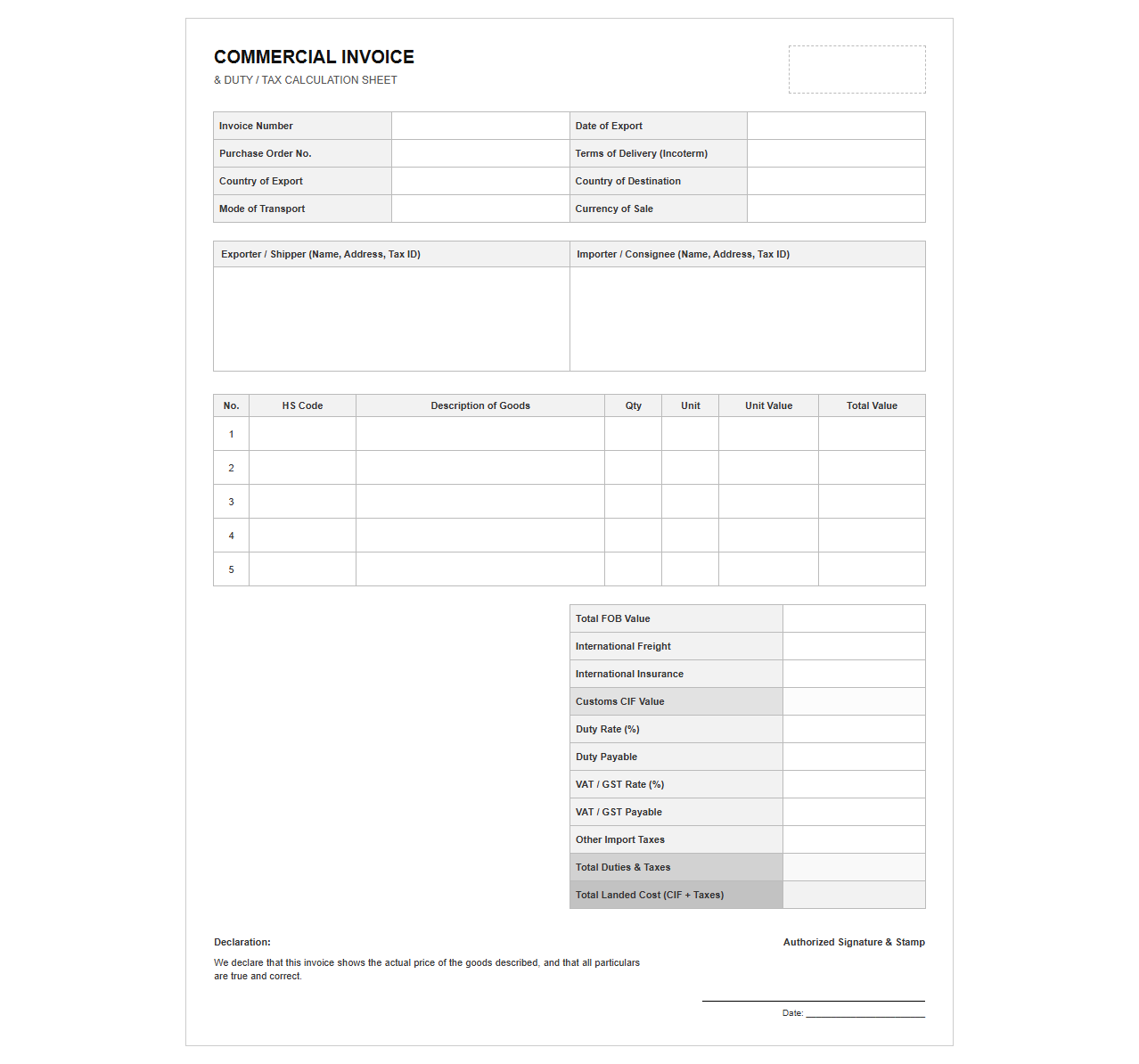 Duty and Tax Calculator Commercial Import Invoice