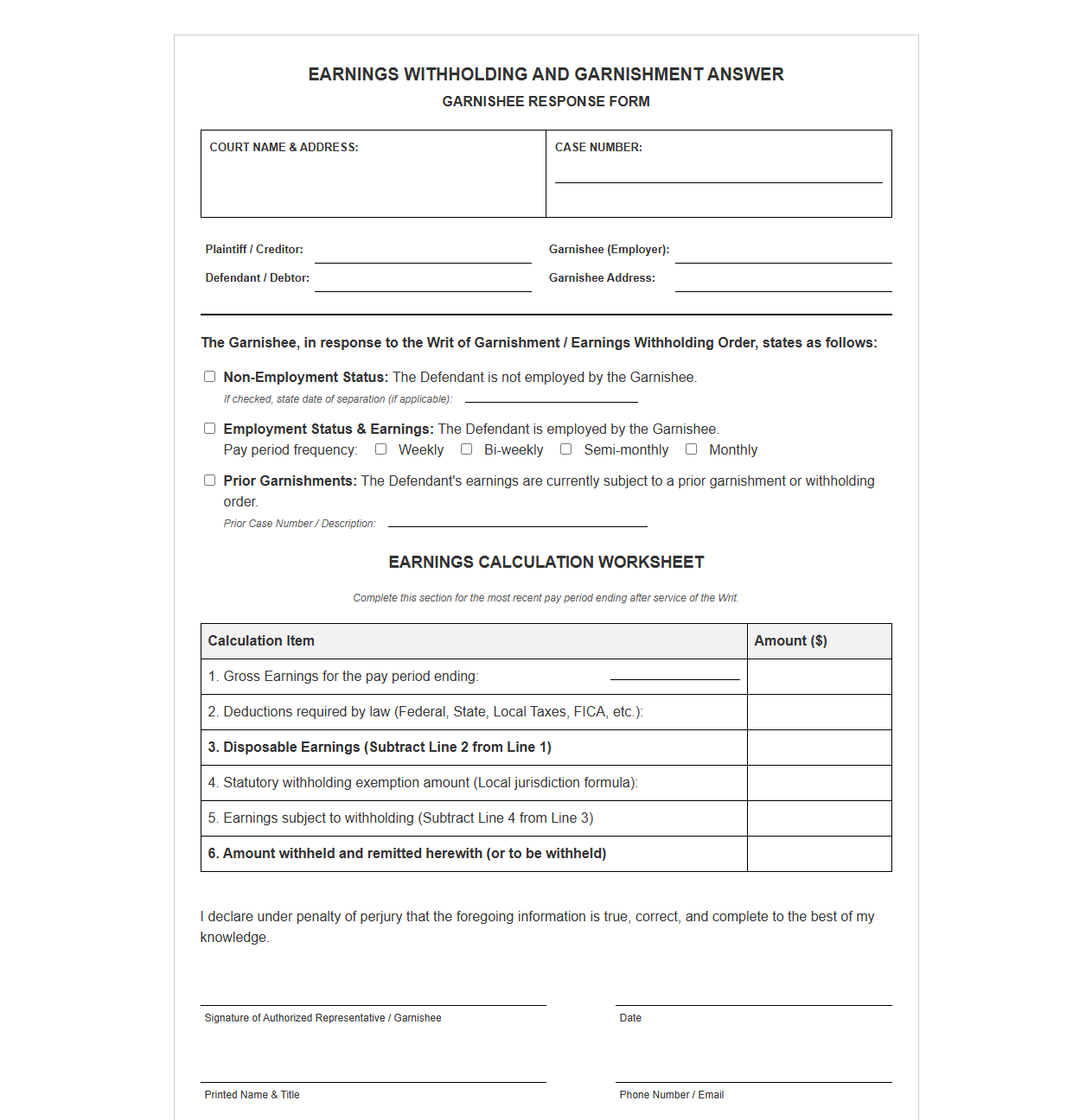 Earnings Withholding and Garnishment Answer Template