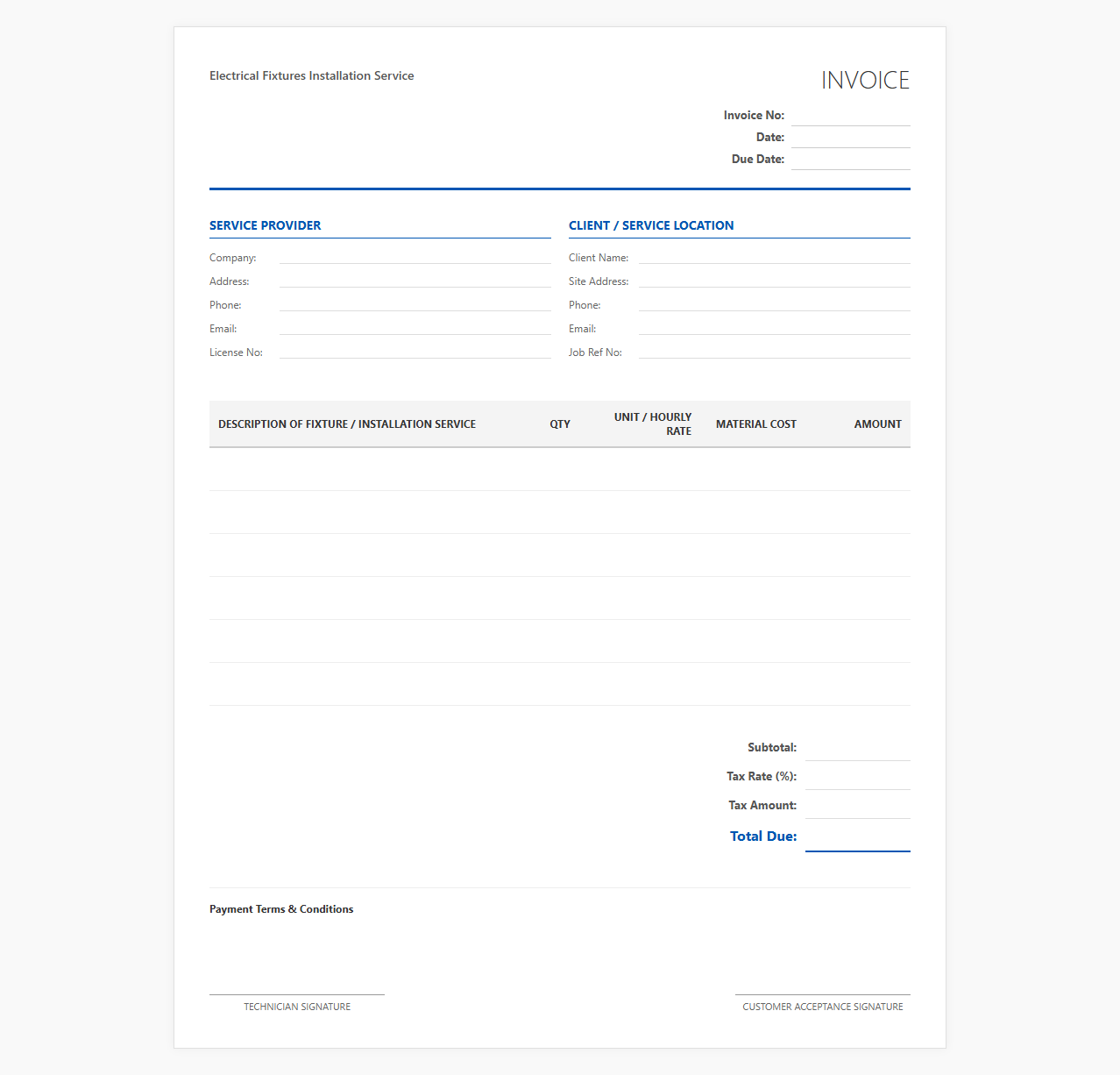 Electrical Fixtures Installation Service Invoice