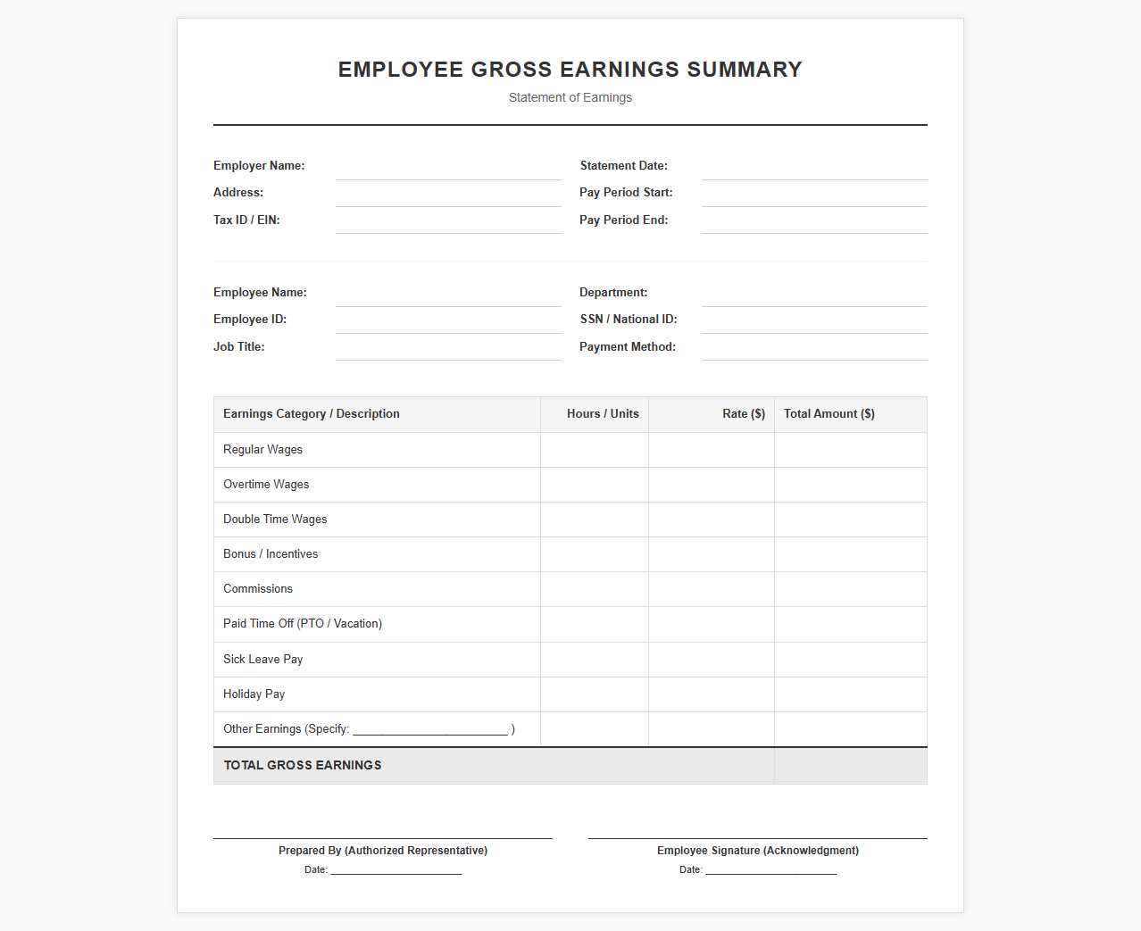 Employee Gross Earnings Summary Template