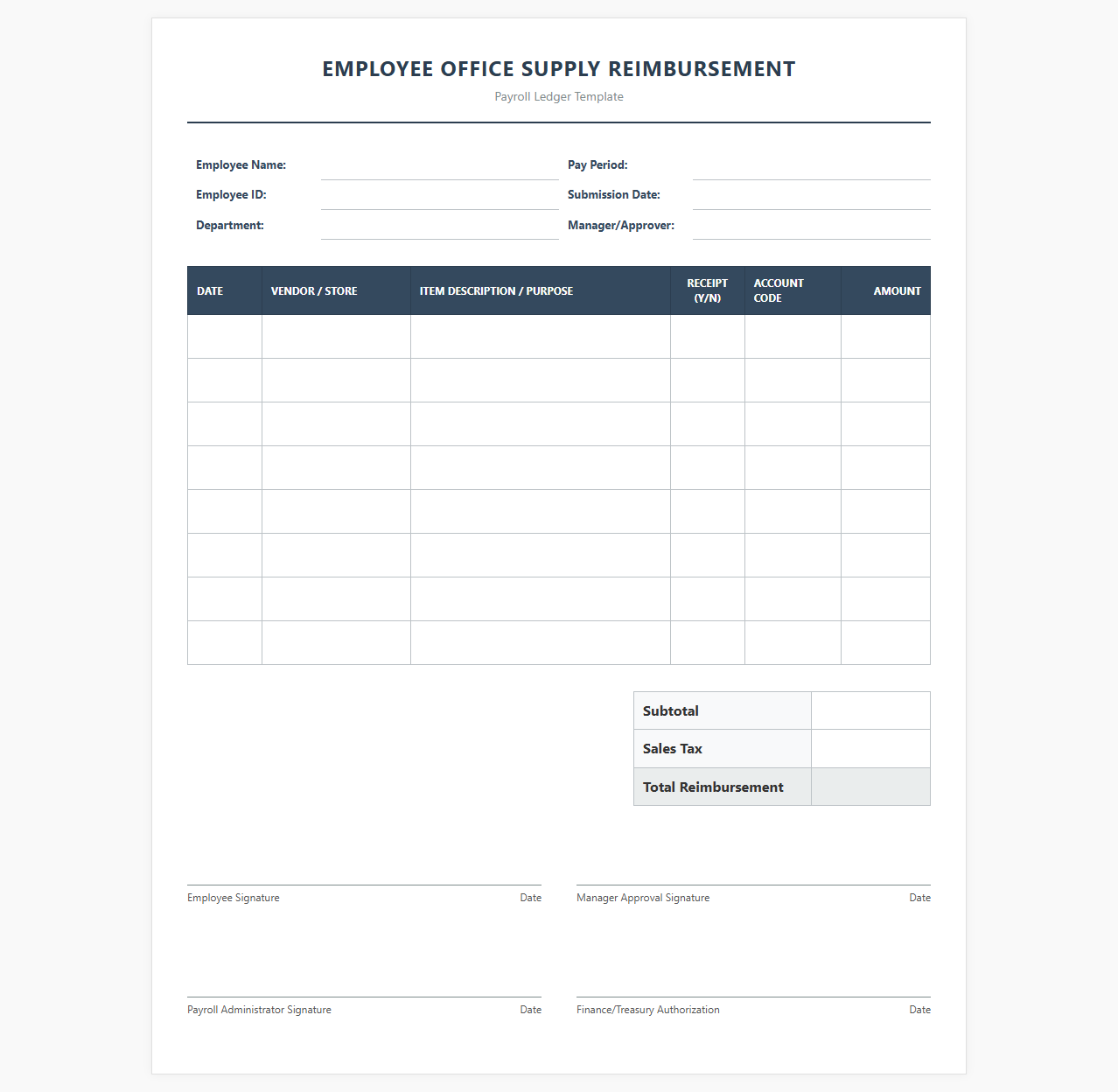 Employee Office Supply Reimbursement Payroll Ledger