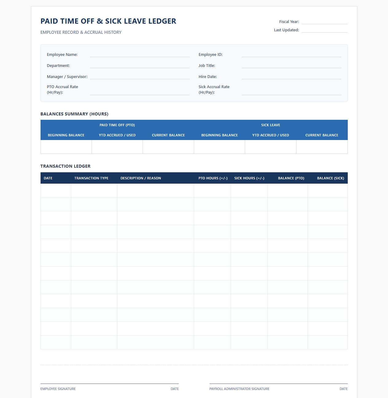 Employee Paid Time Off and Sick Leave Ledger
