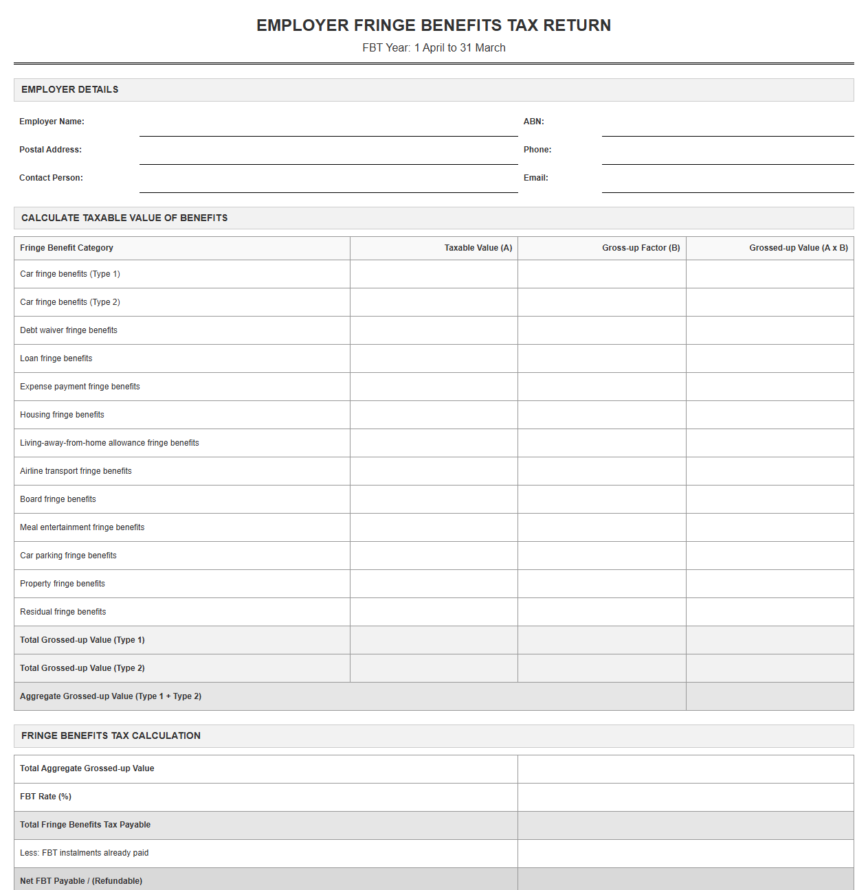 Employer Fringe Benefits Tax Return Template