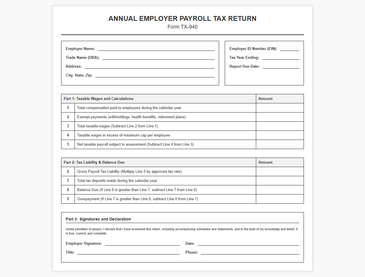 Employer Yearly Payroll Tax Return Template