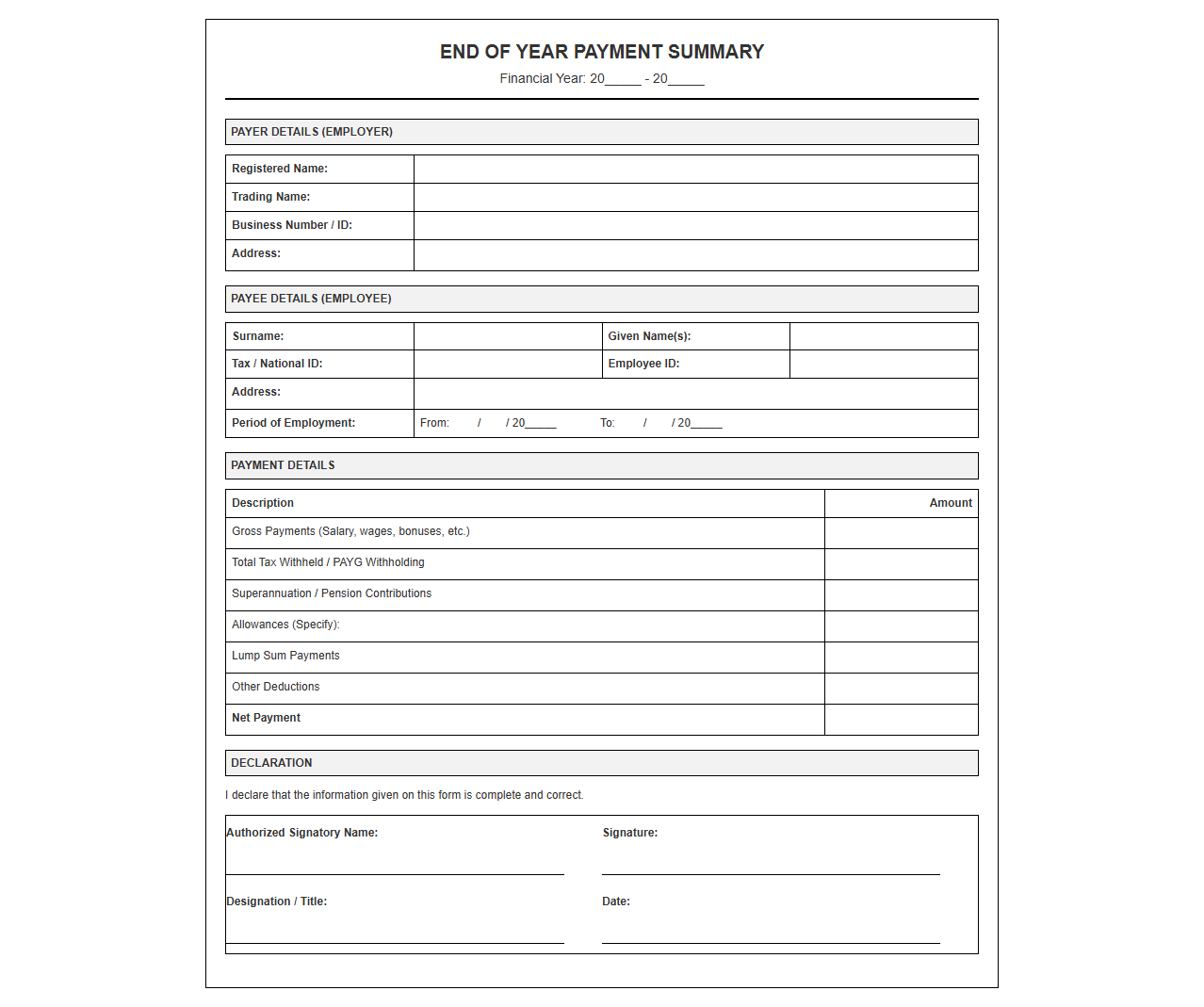 End of Year Payment Summary Statement