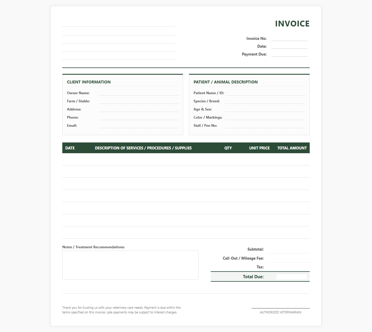 Equine and Large Animal Veterinary Invoice