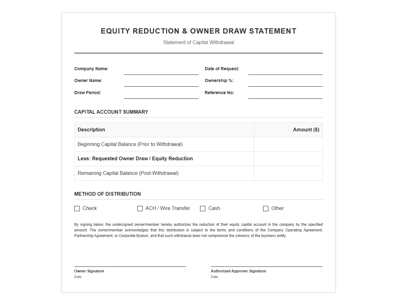 Equity Reduction and Owner Draw Template