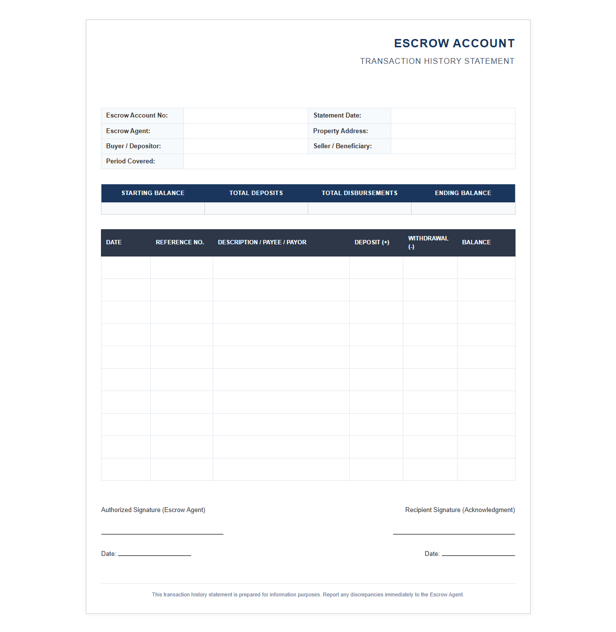 Escrow Transaction History Template