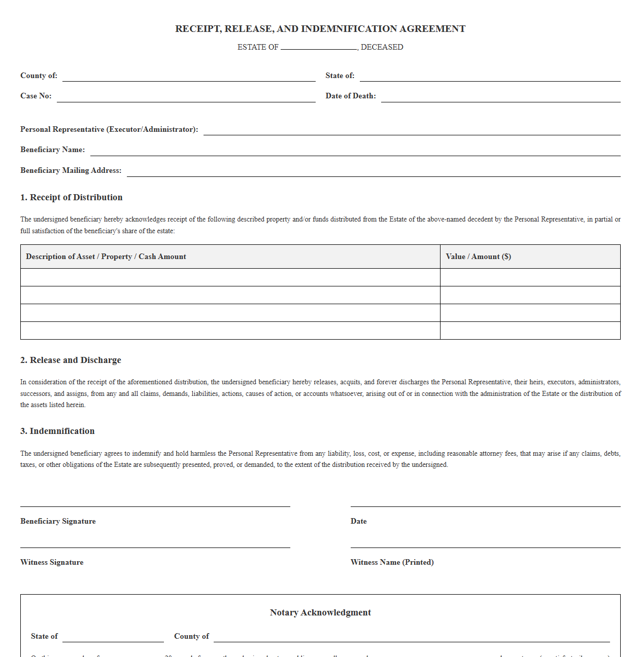Estate Beneficiary Distribution Receipt and Release Form