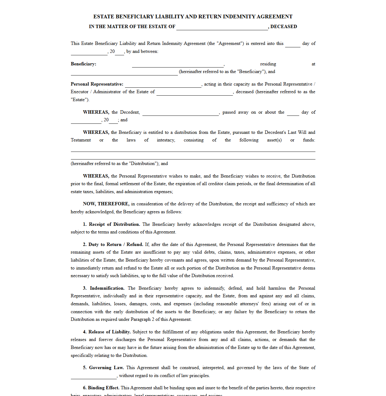 Estate Beneficiary Liability and Return Indemnity Agreement
