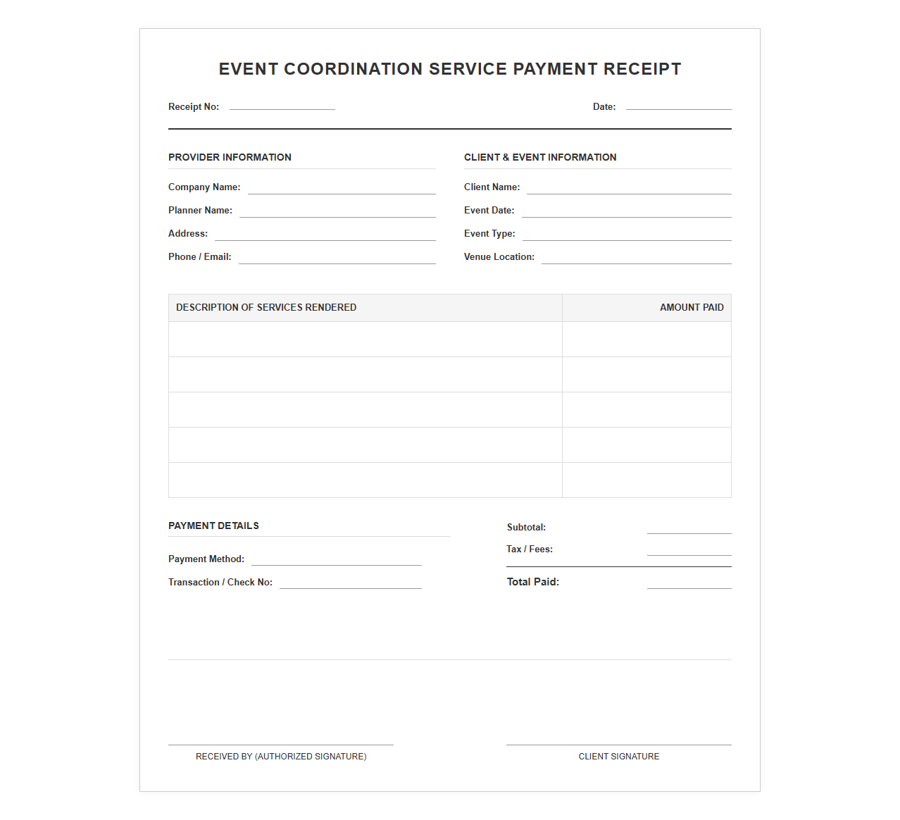 Event Coordination Service Payment Receipt