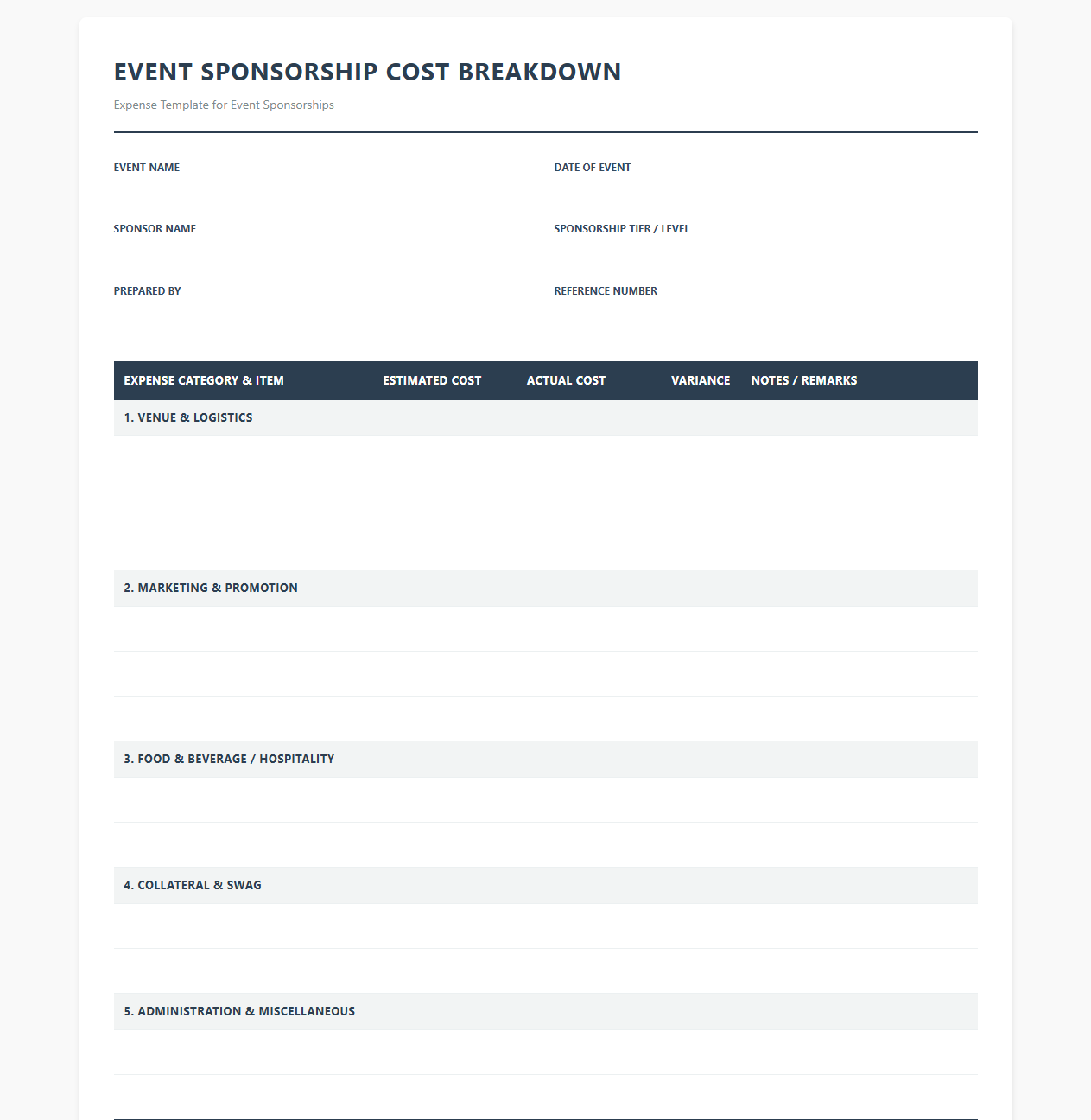 Event Sponsorship Cost Breakdown Sheet
