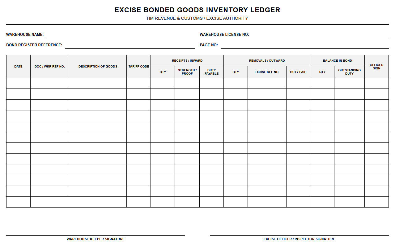 Excise Bonded Goods Inventory Ledger