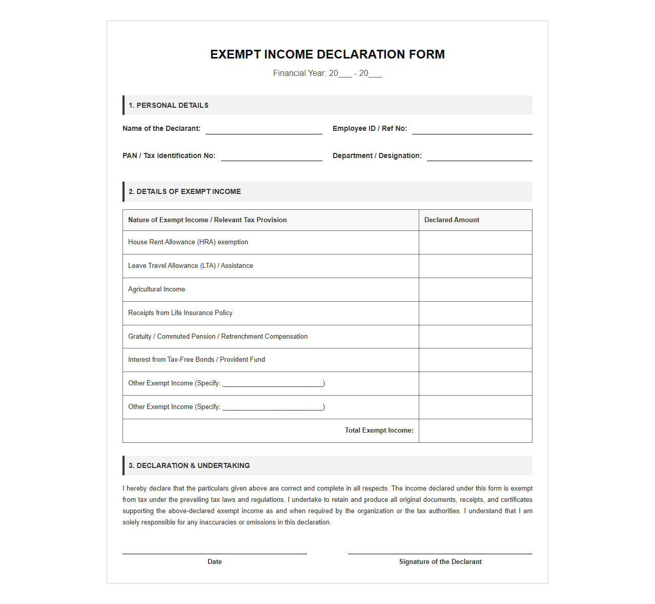 Exempt Income Declaration Form