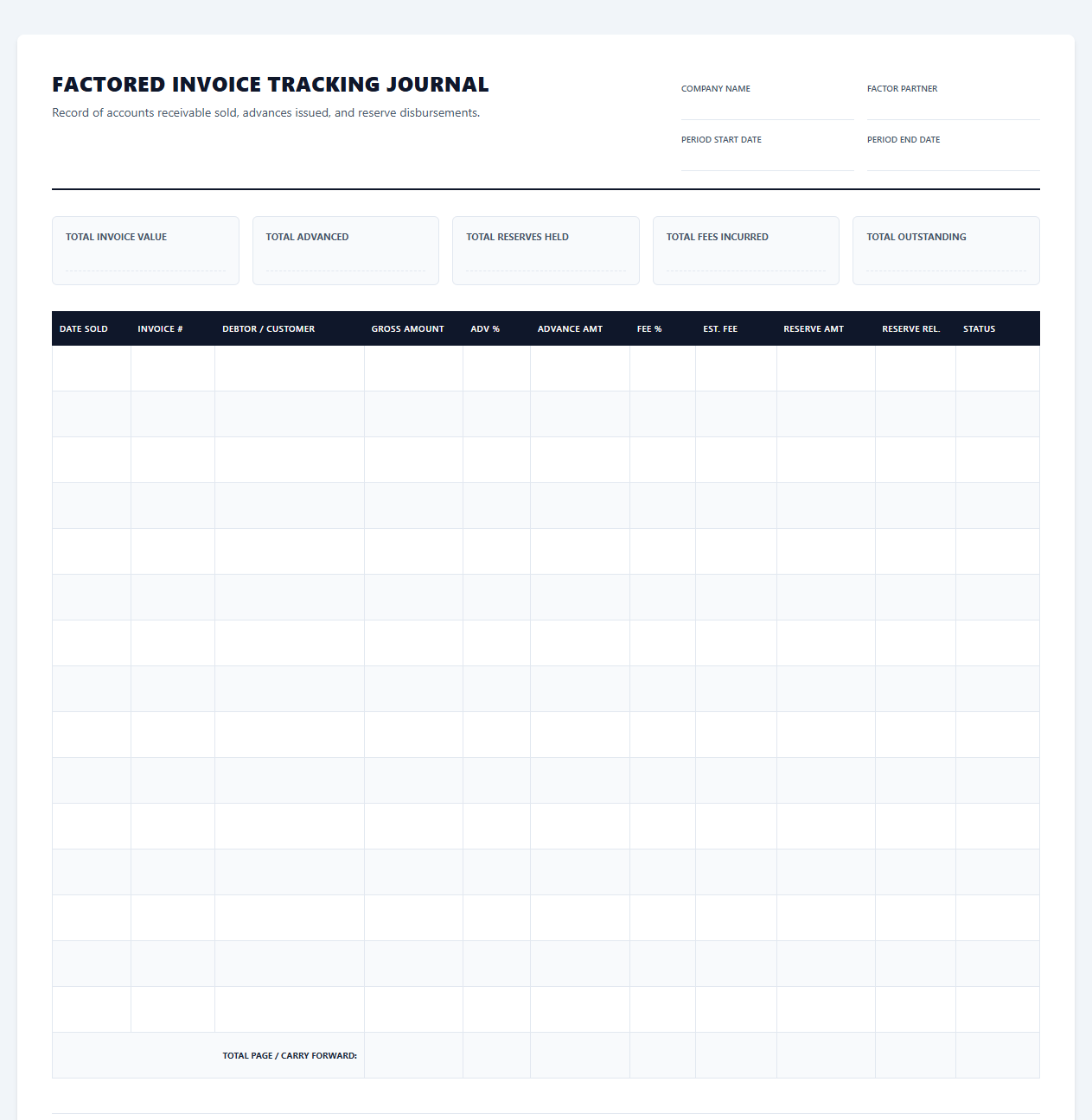 Factored Invoice Tracking Journal