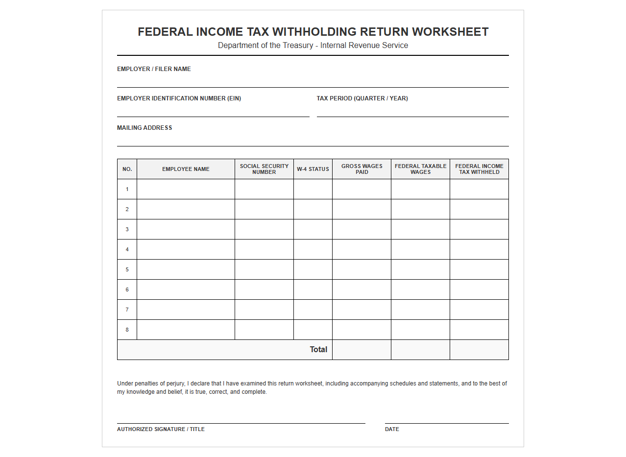 Federal Tax Withholding Return Worksheet Template