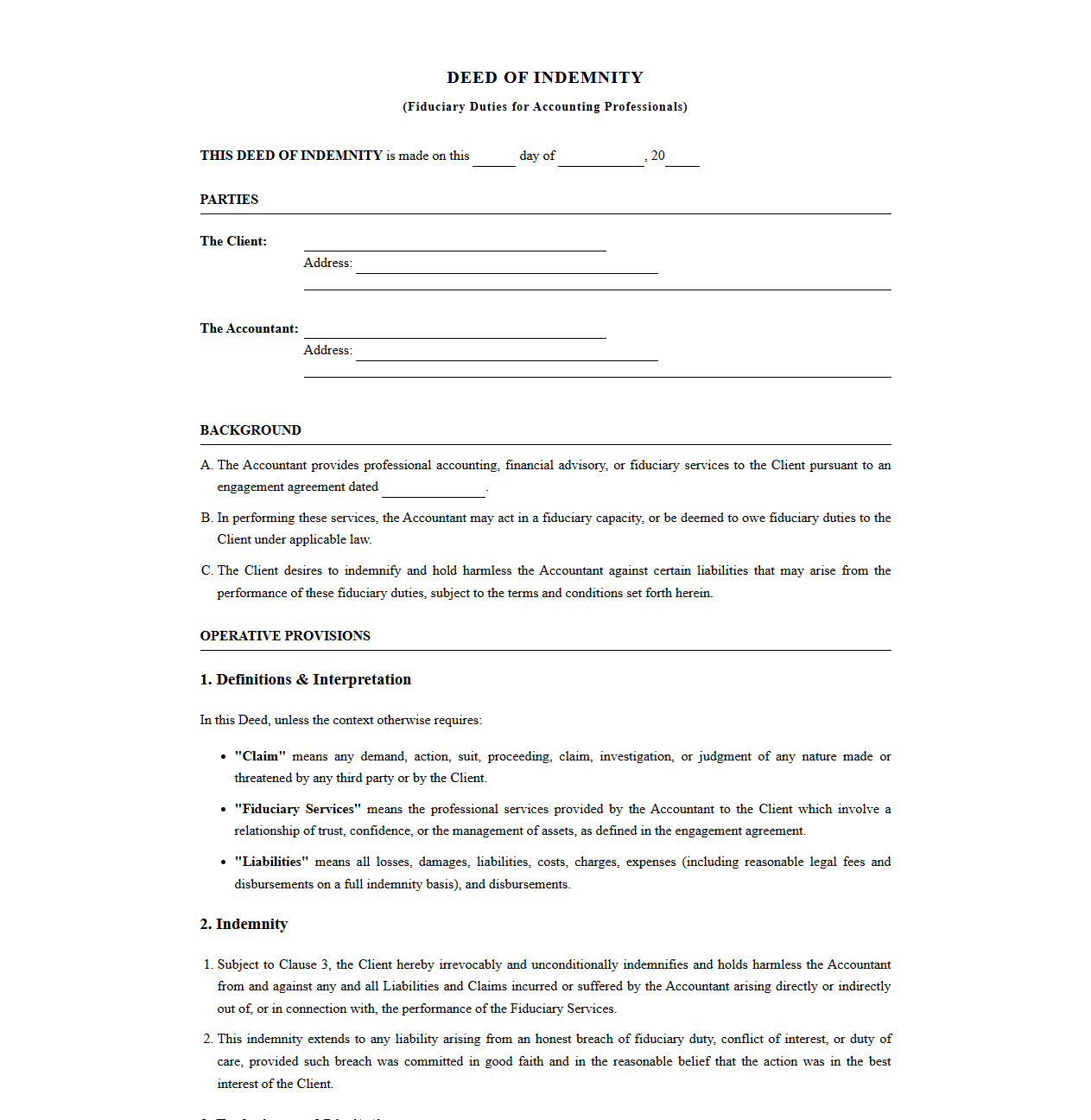 Fiduciary Duty Indemnity Deed for Accounting Professionals