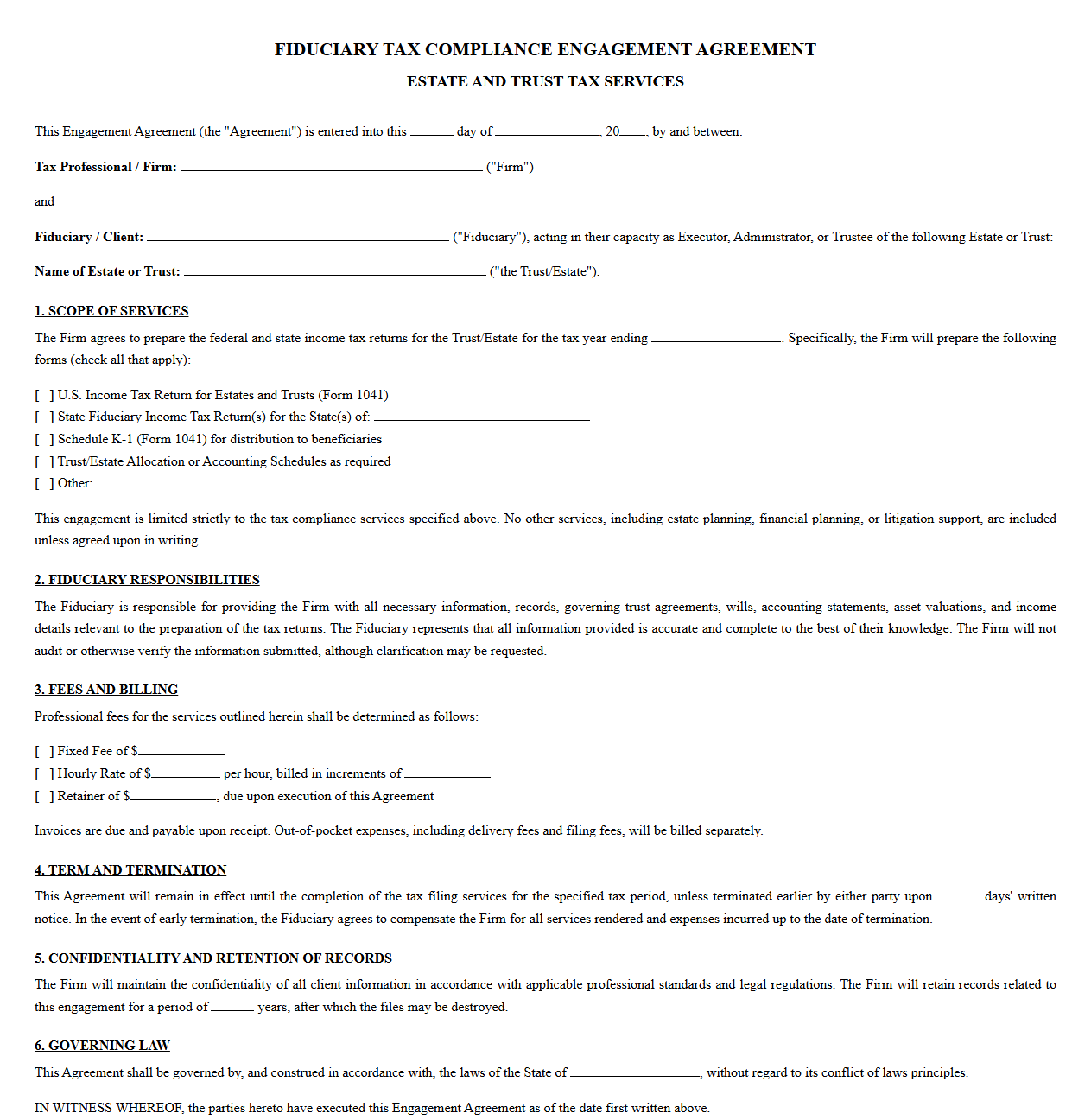 Fiduciary Tax Compliance Engagement Agreement
