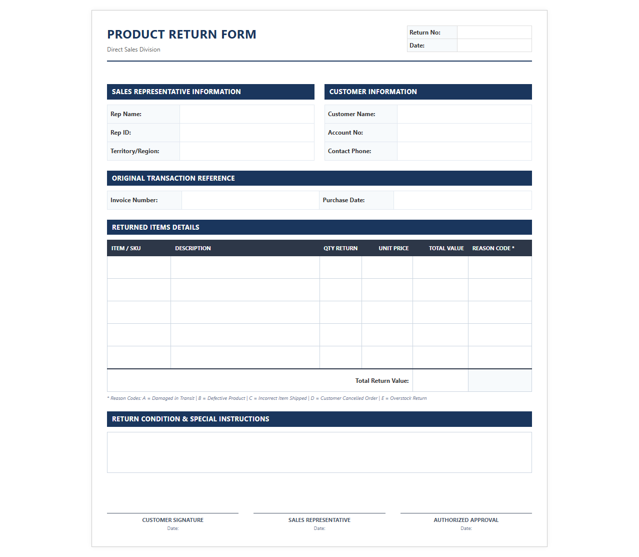 Field Sales Representative Product Return Template