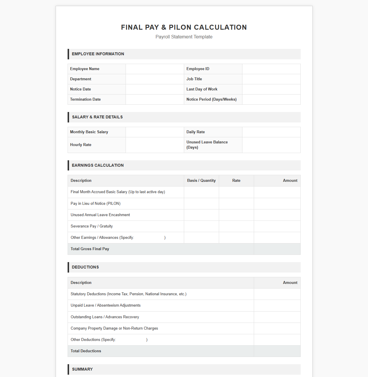 Final Pay and PILON Calculation Template