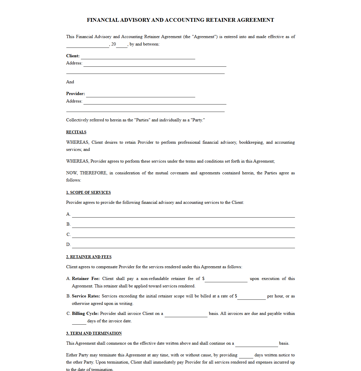 Financial Advisory and Accounting Retainer Agreement