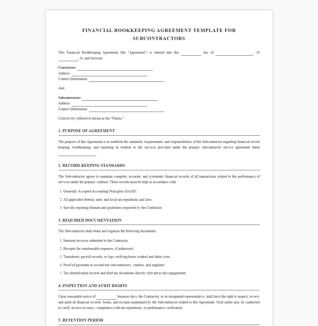 Financial Bookkeeping Agreement Template for Subcontractors